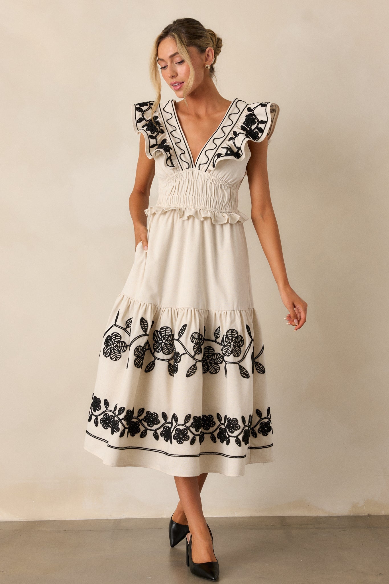 Whispering Pines Beige Flutter Sleeve Midi Dress