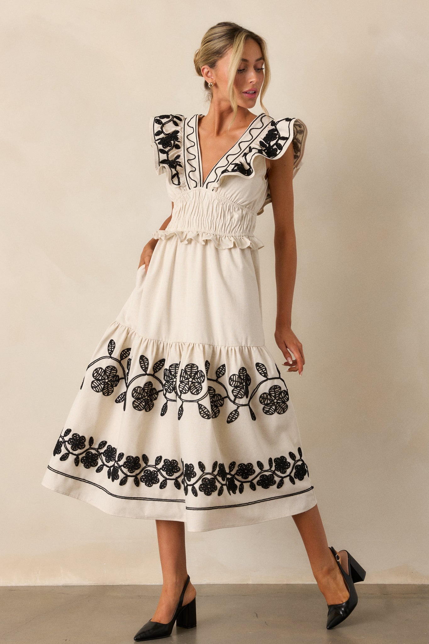 Whispering Pines Beige Flutter Sleeve Midi Dress