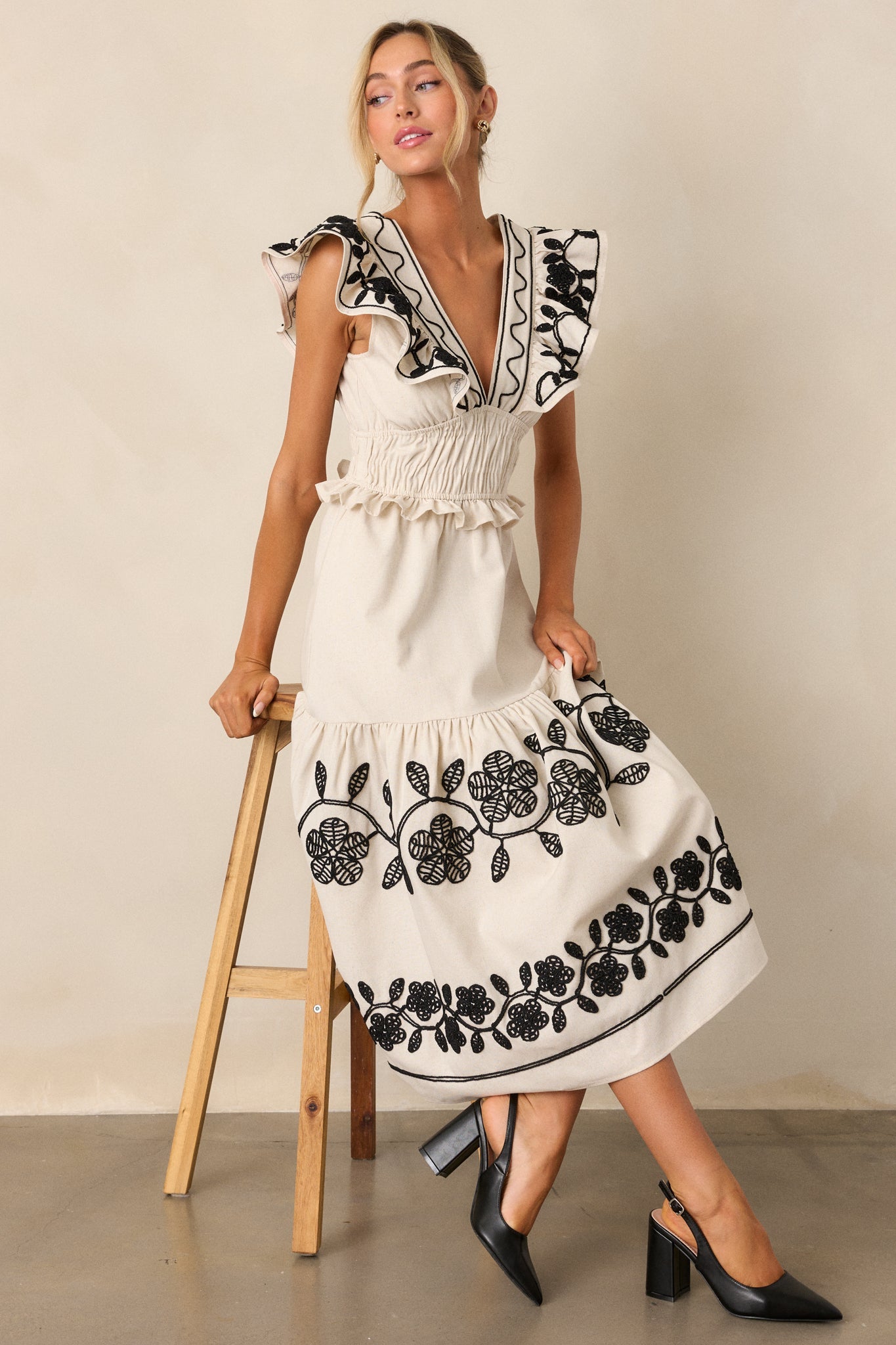 Whispering Pines Beige Flutter Sleeve Midi Dress