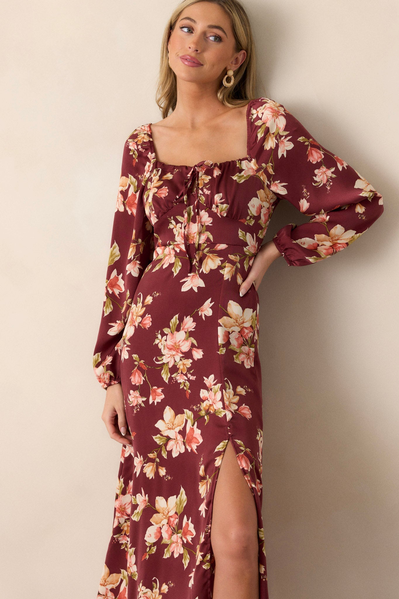 Perfect Meet Cute Burgundy Floral Long Sleeve Midi Dress