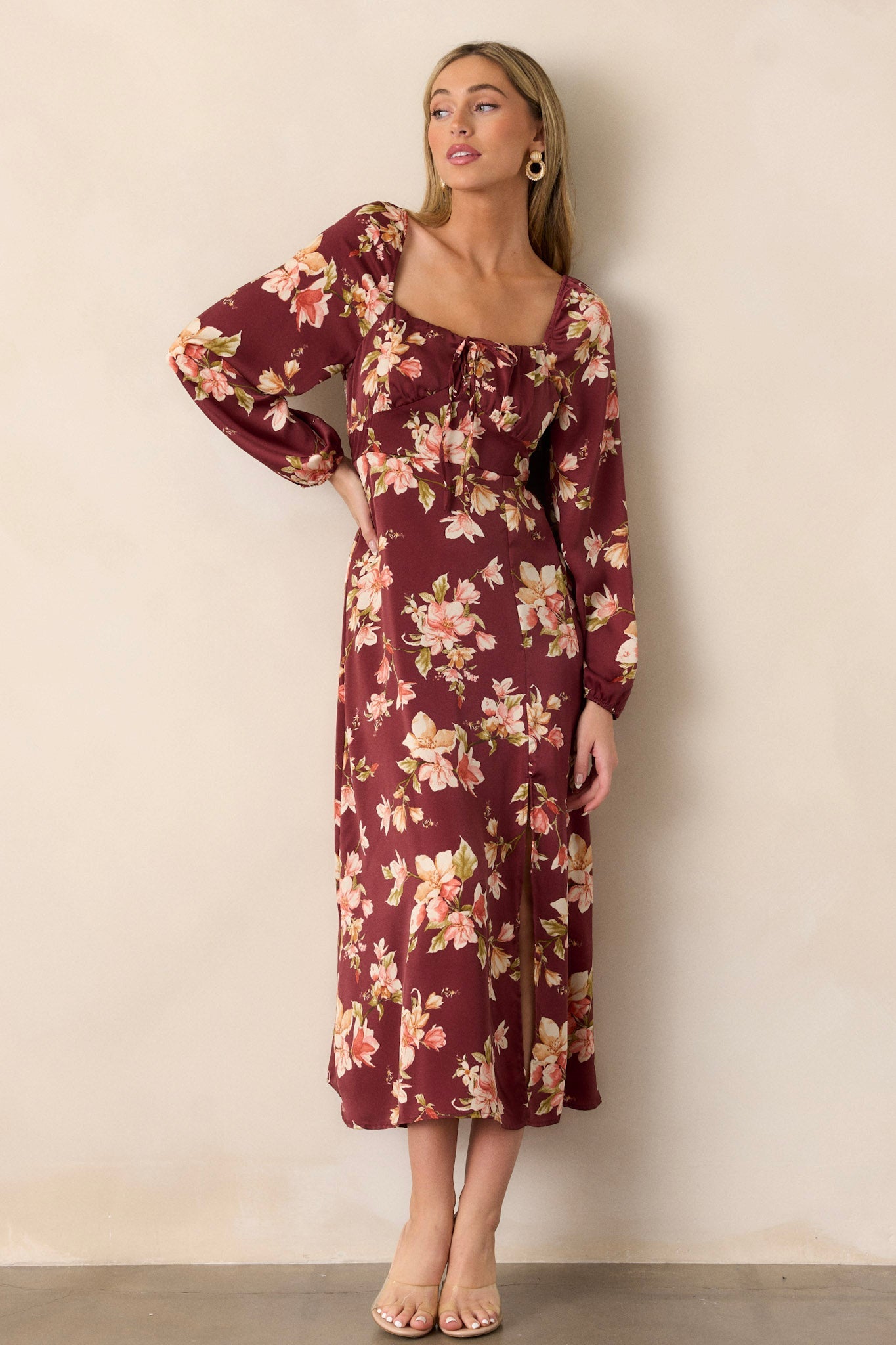 Perfect Meet Cute Burgundy Floral Long Sleeve Midi Dress