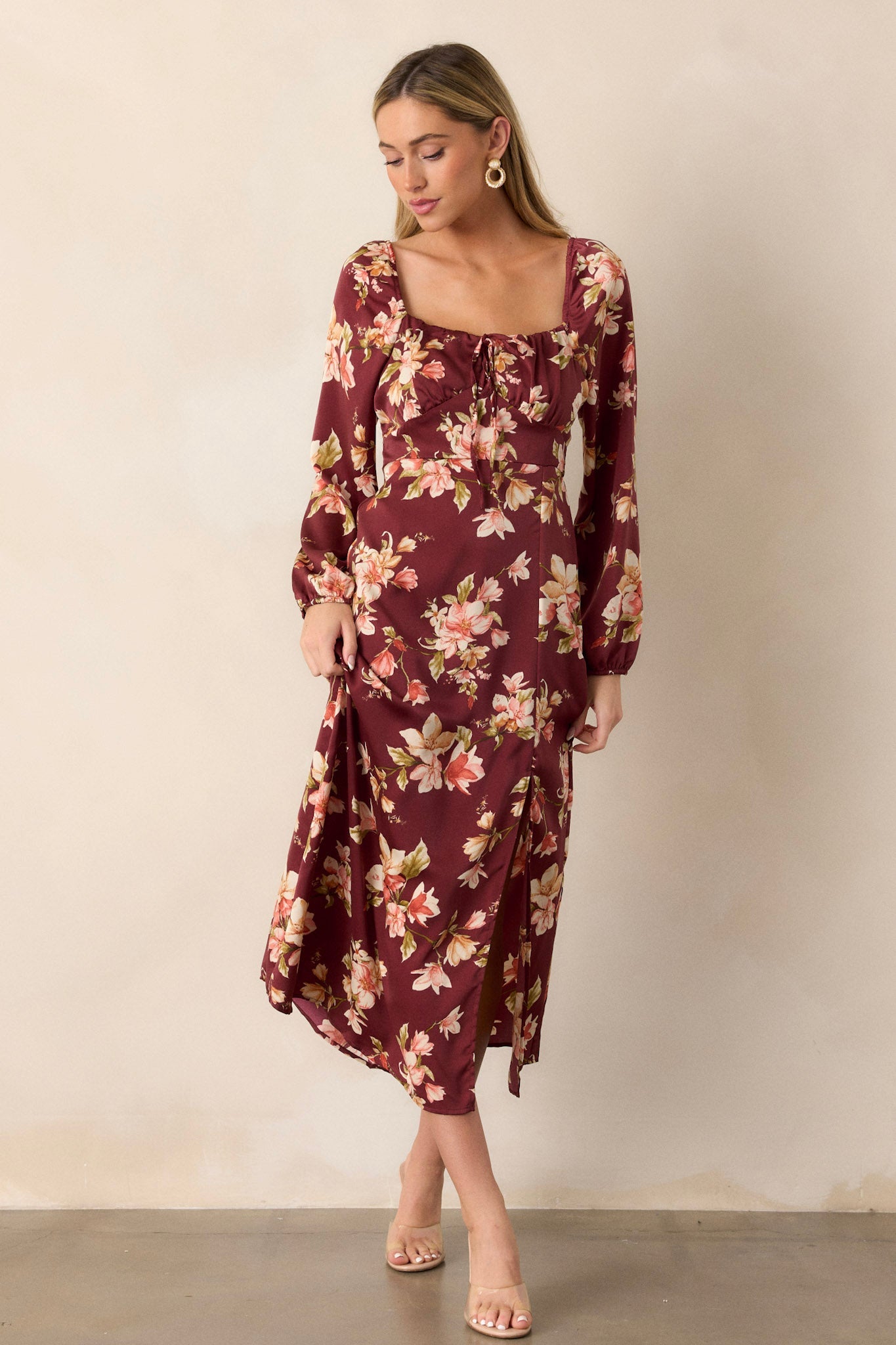 Perfect Meet Cute Burgundy Floral Long Sleeve Midi Dress