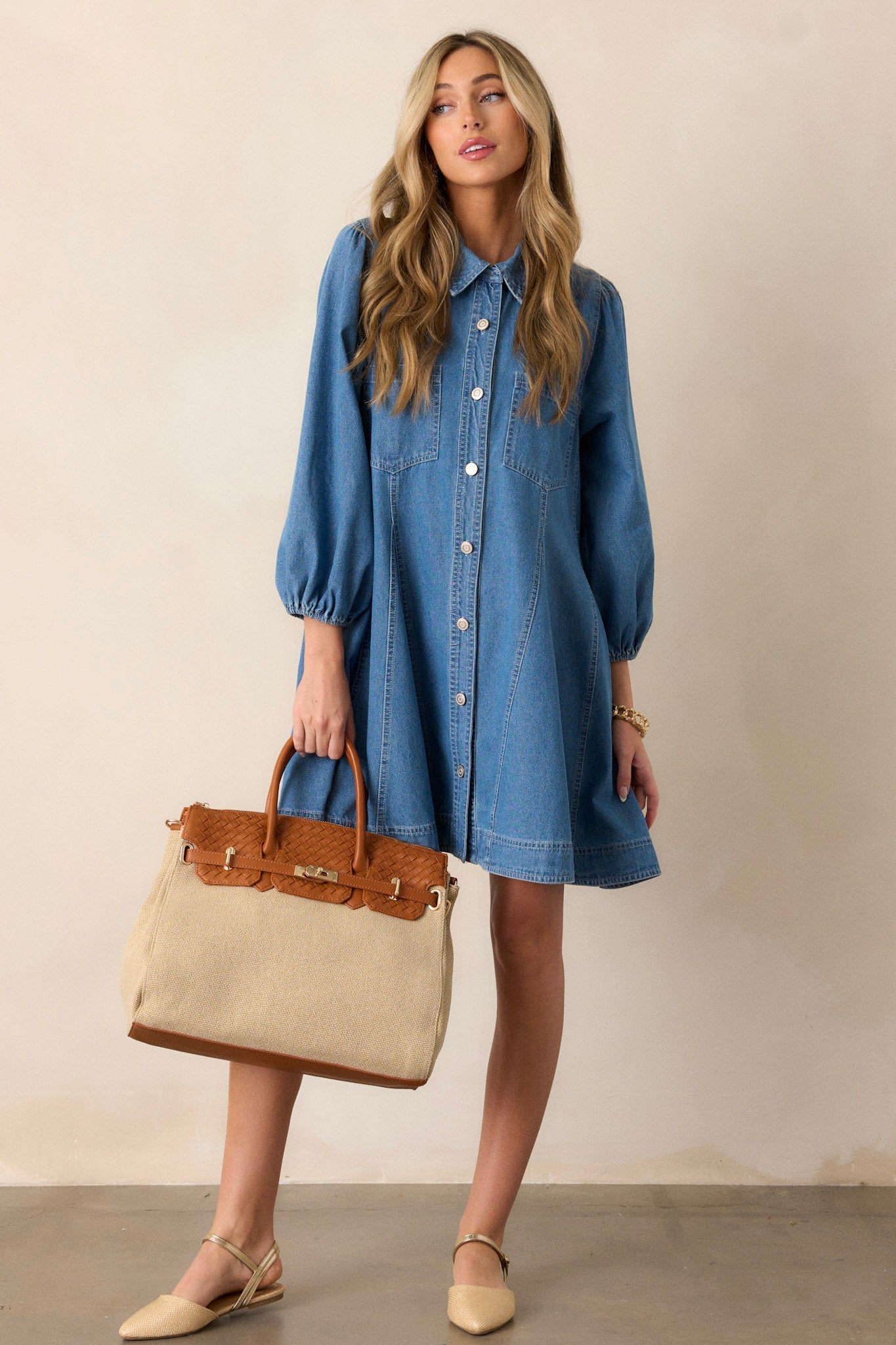 Speak Up Medium Wash Denim Mini Shirt Dress
