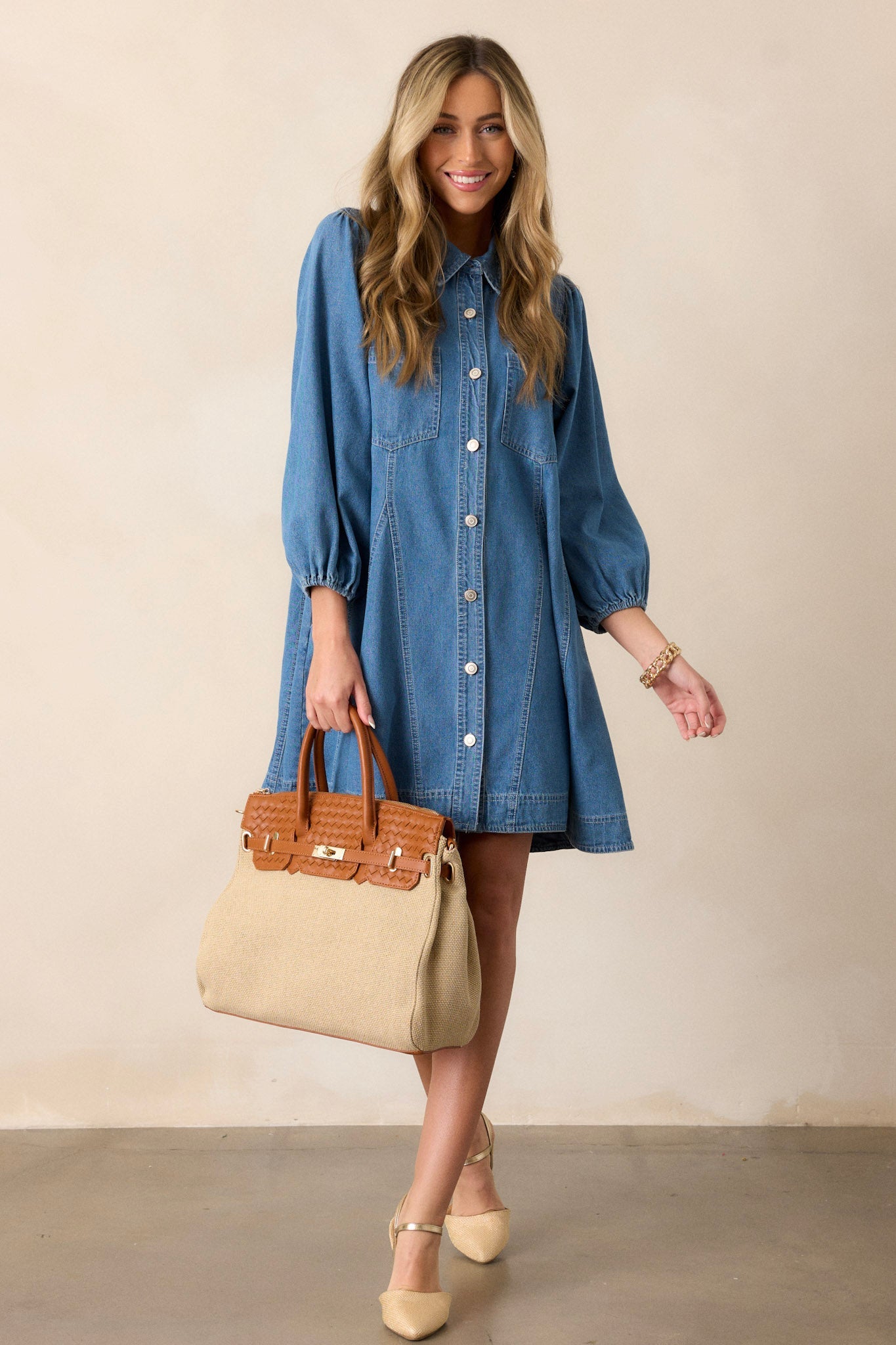 Speak Up Medium Wash Denim Mini Shirt Dress
