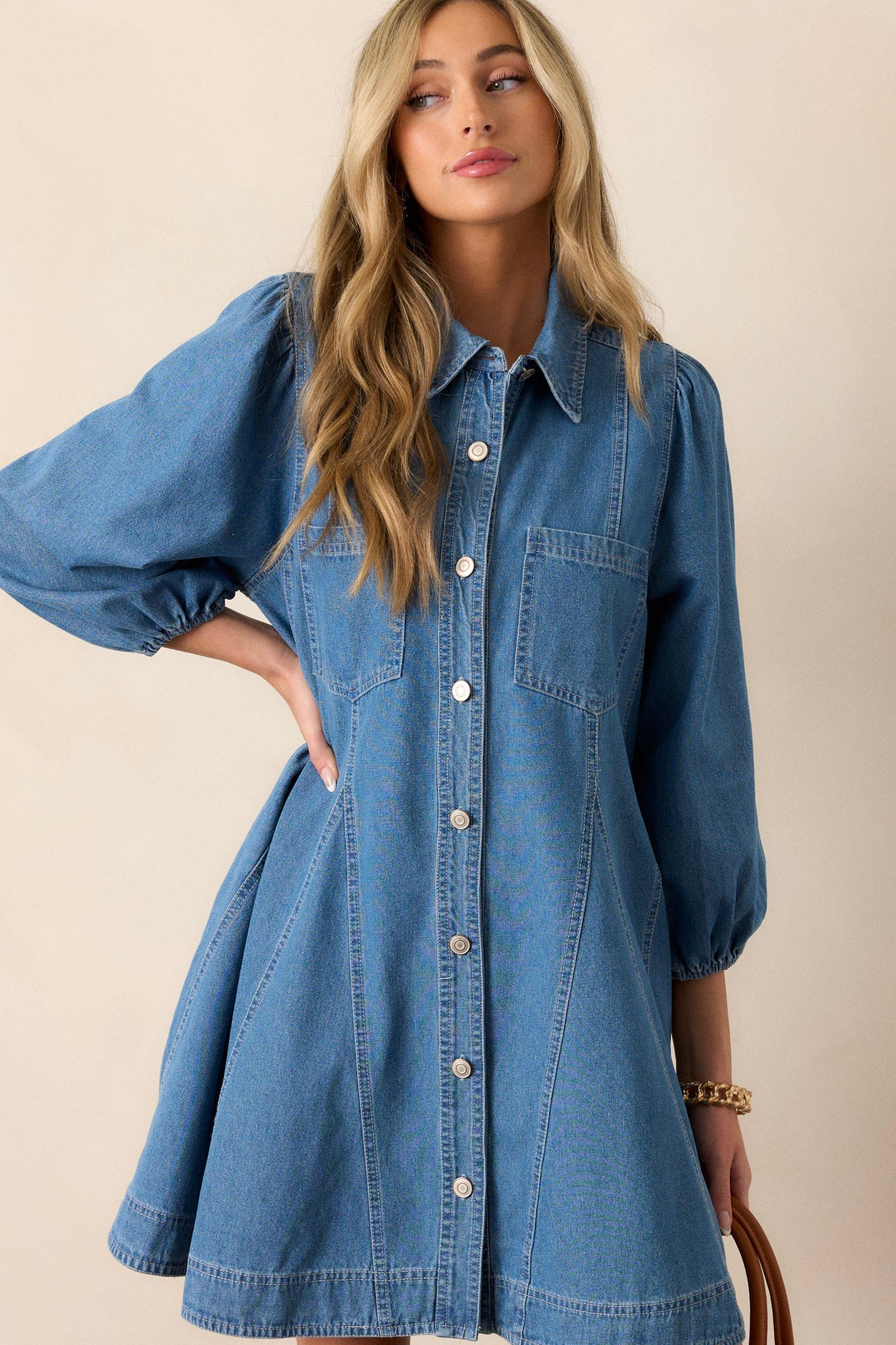 Speak Up Medium Wash Denim Mini Shirt Dress