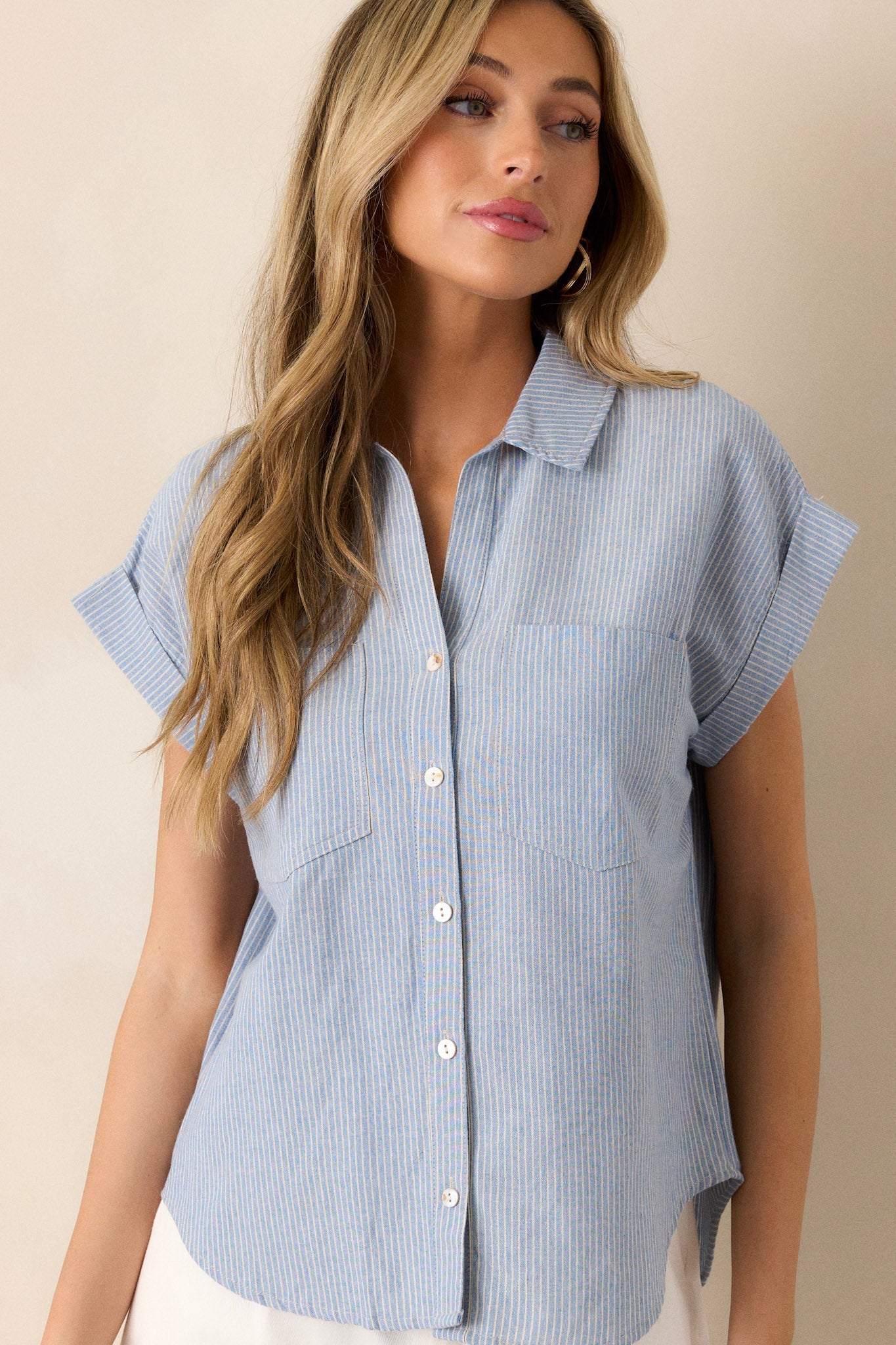 Know The One Light Blue Striped Button Front Top