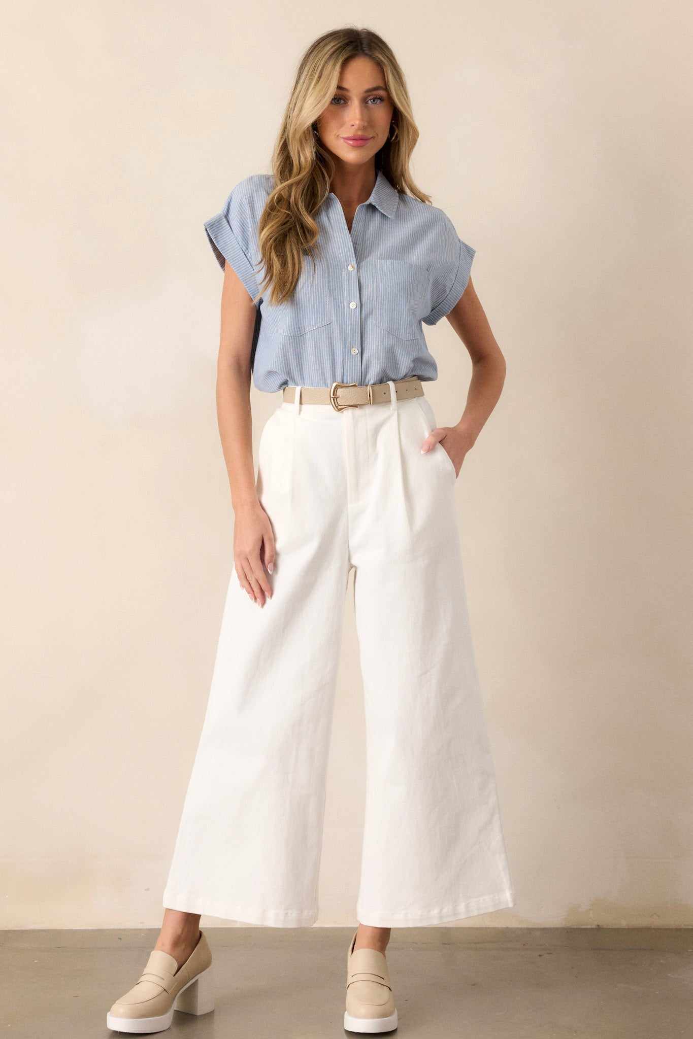 Know The One Light Blue Striped Button Front Top