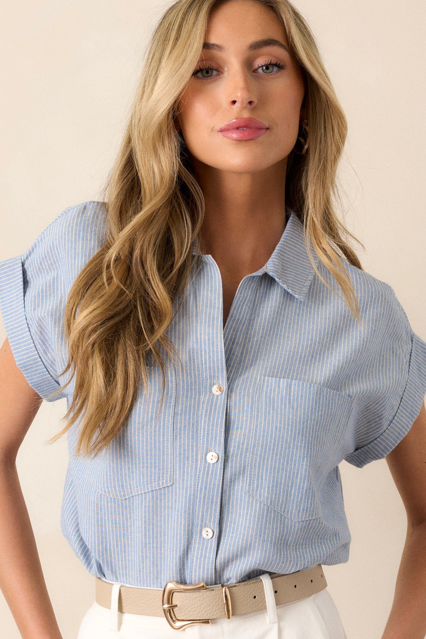 Know The One Light Blue Striped Button Front Top