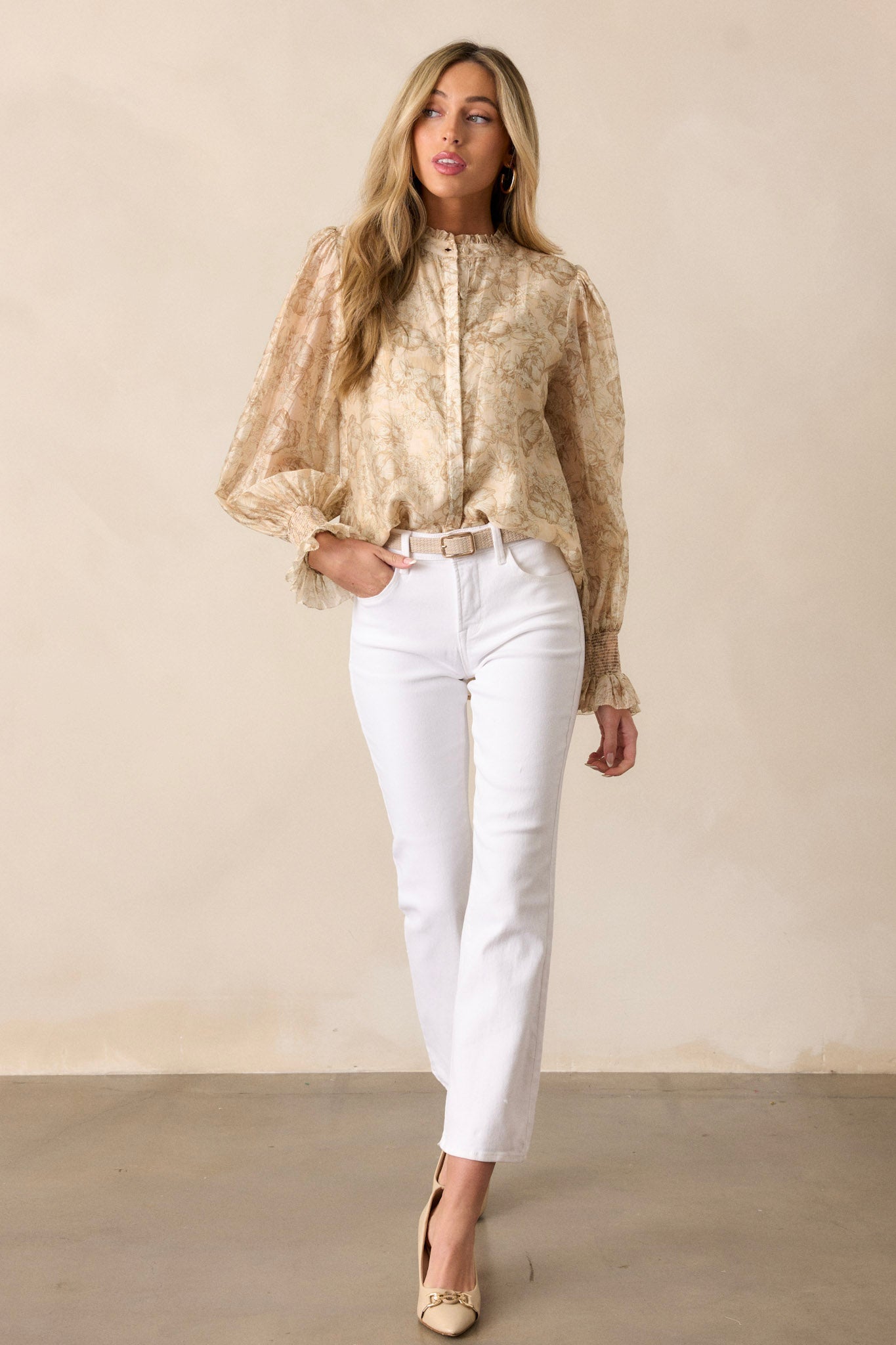 Through The Years Beige Floral Button Front Top