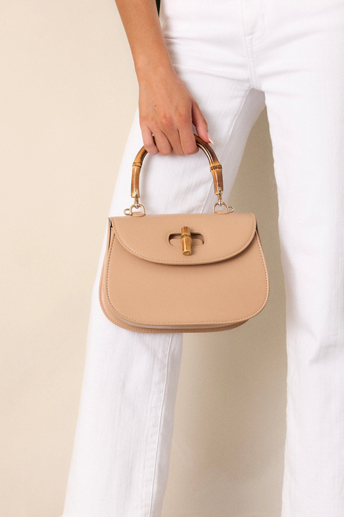 Whimsical Whirlwind Beige Bamboo Handle Handbag
