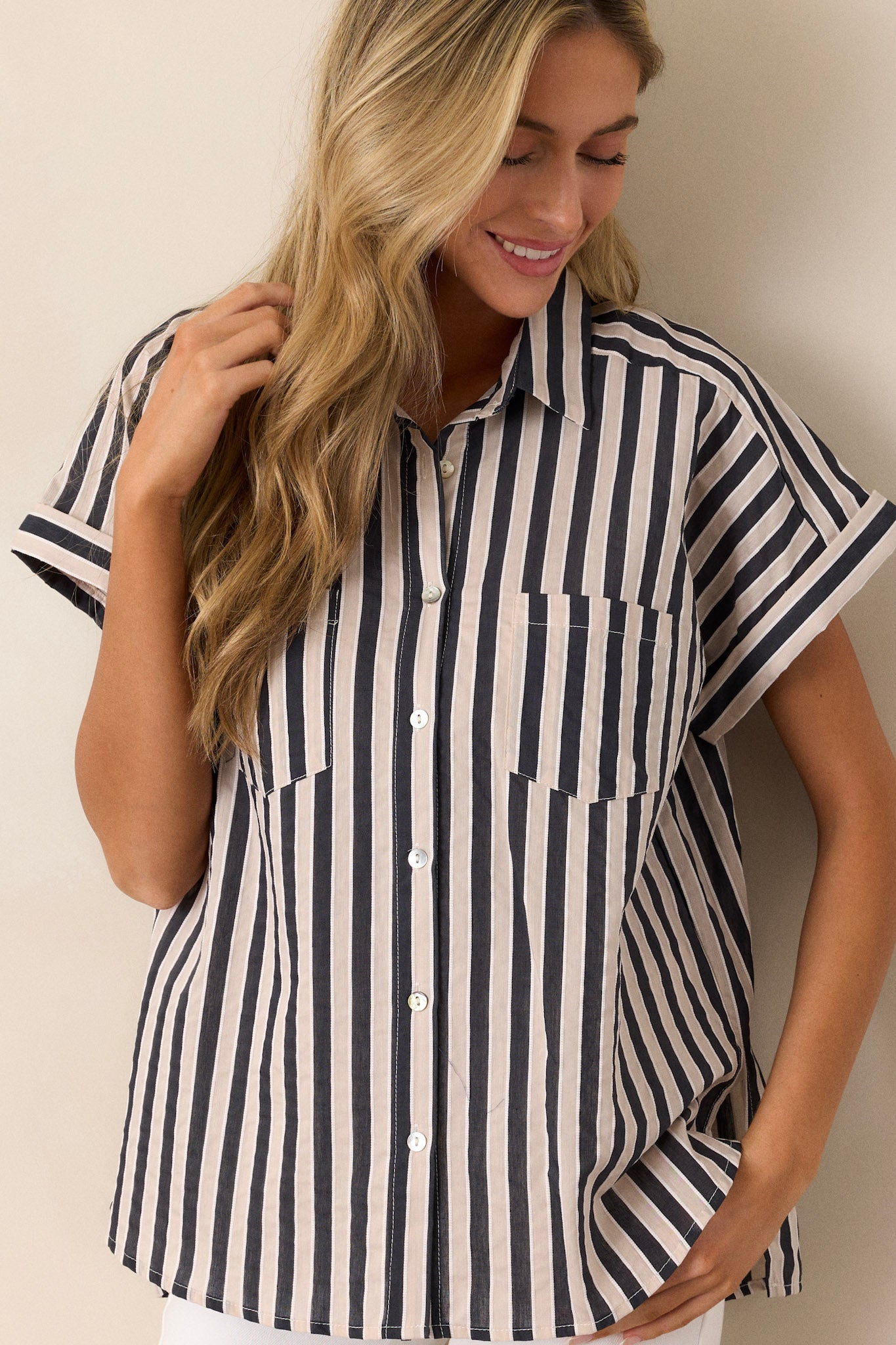 Timeless Choice Black Stripe Button Front Top
