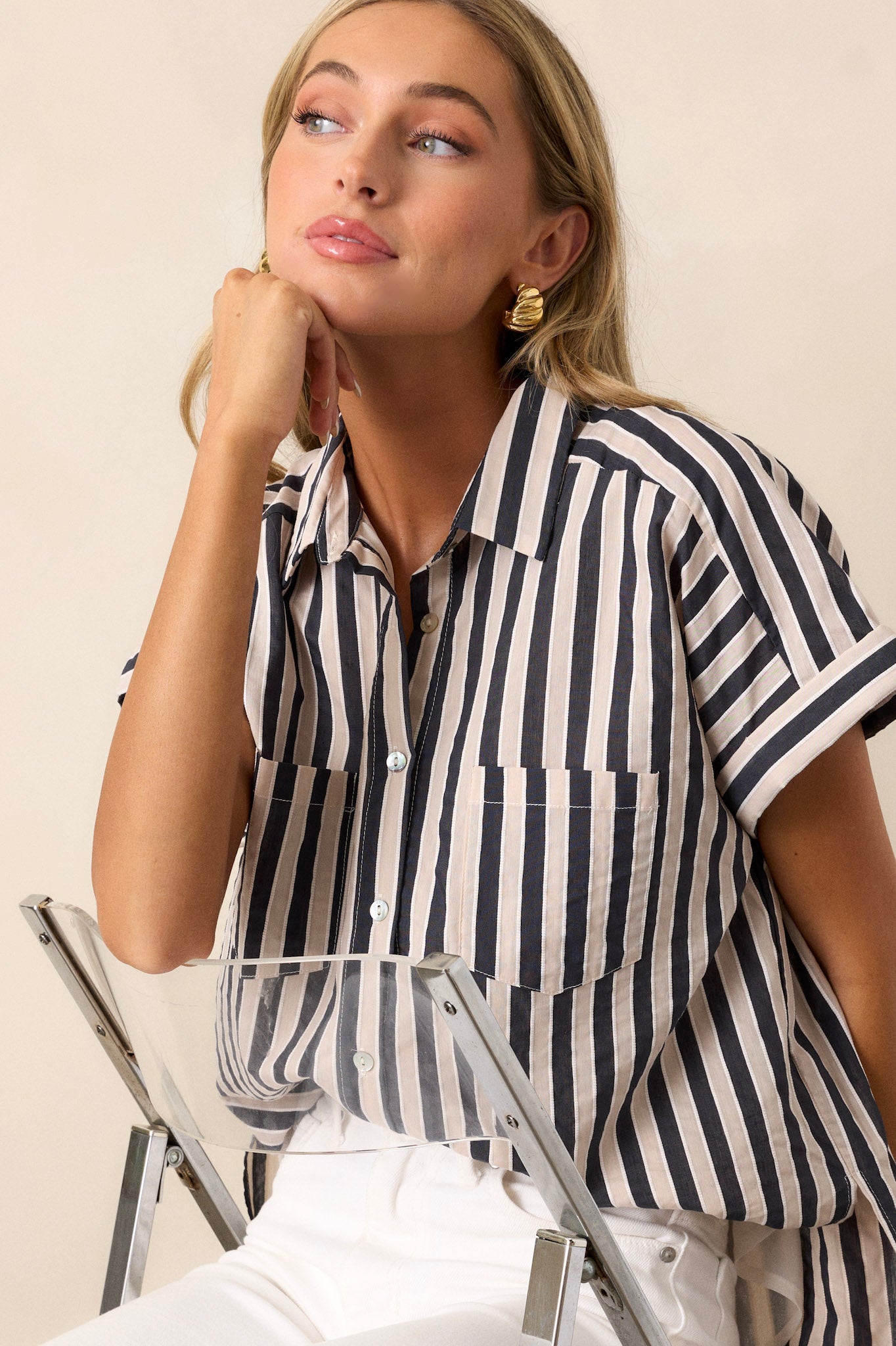 Timeless Choice Black Stripe Button Front Top