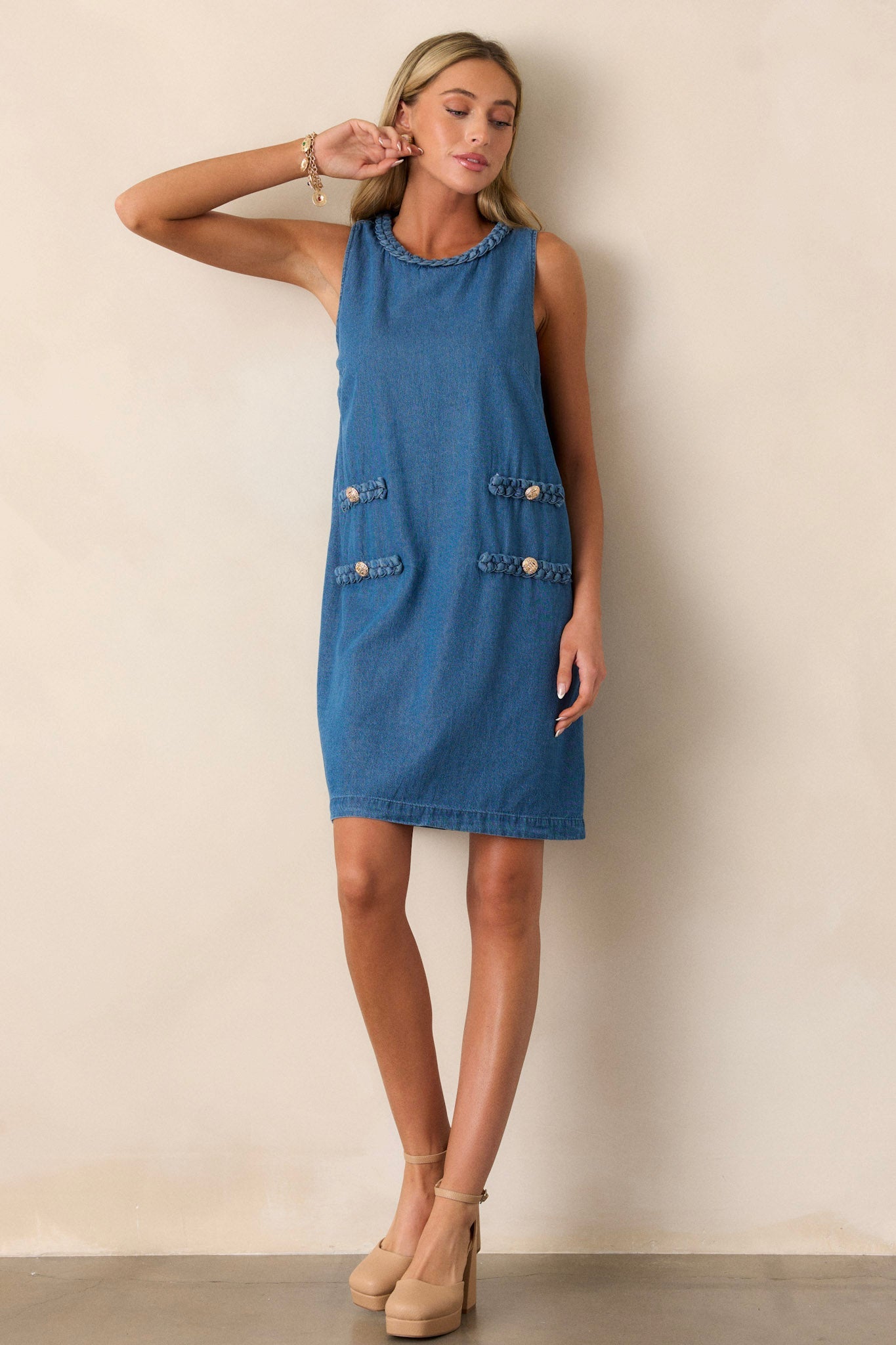 Chic Charm 100% Cotton Medium Wash Chambray Mini Dress