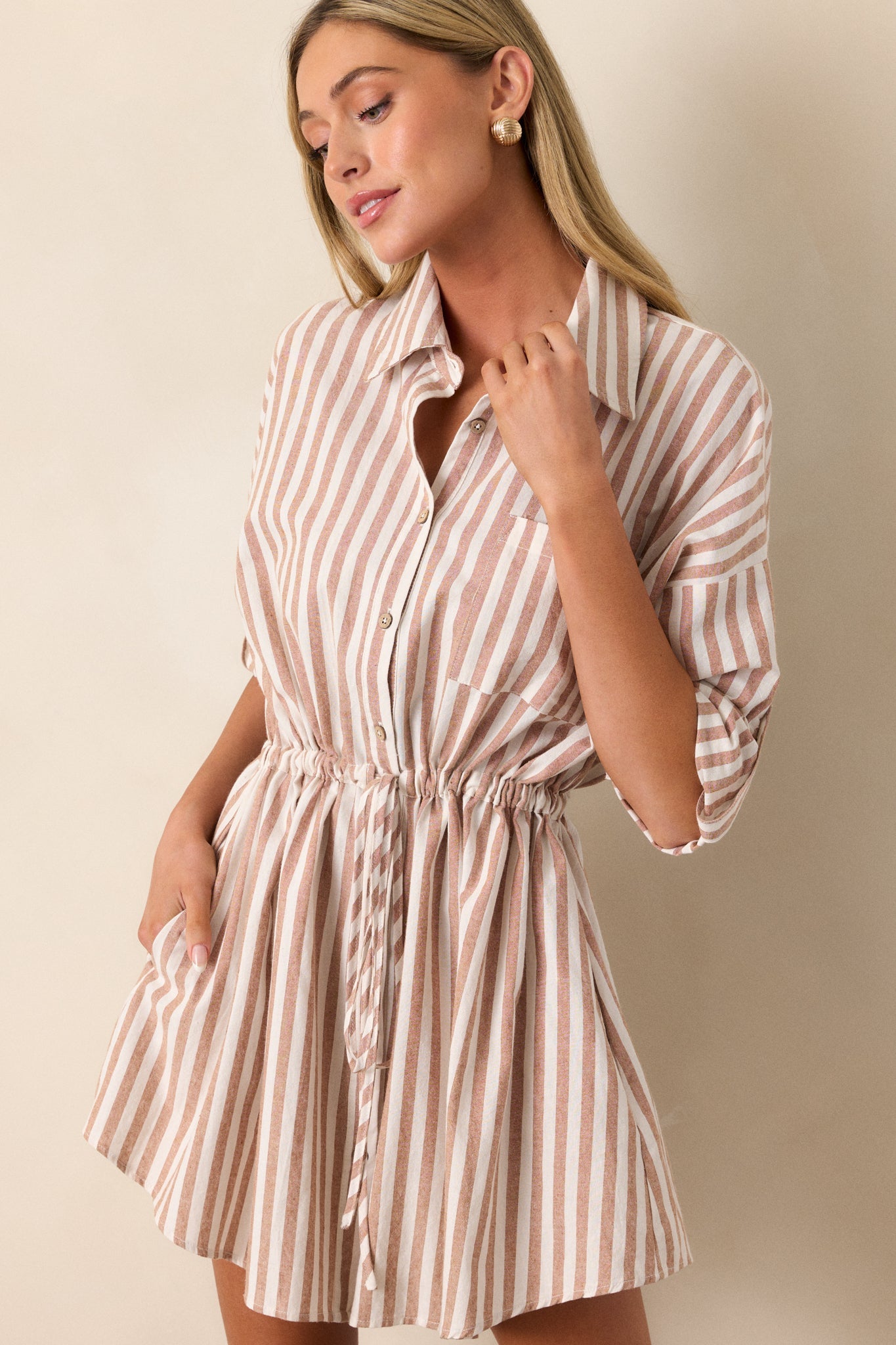 Simple Pleasures 100% Cotton Camel Brown Stripe Mini Dress