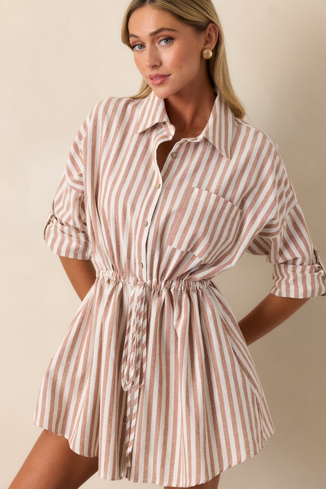 Simple Pleasures 100% Cotton Camel Brown Stripe Mini Dress