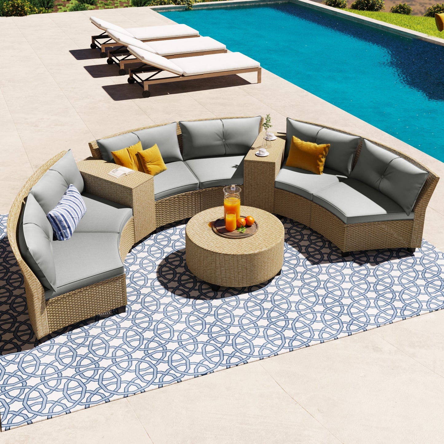 9-Piece Outdoor Fan-shaped Sofa Set with Cushions and Table
