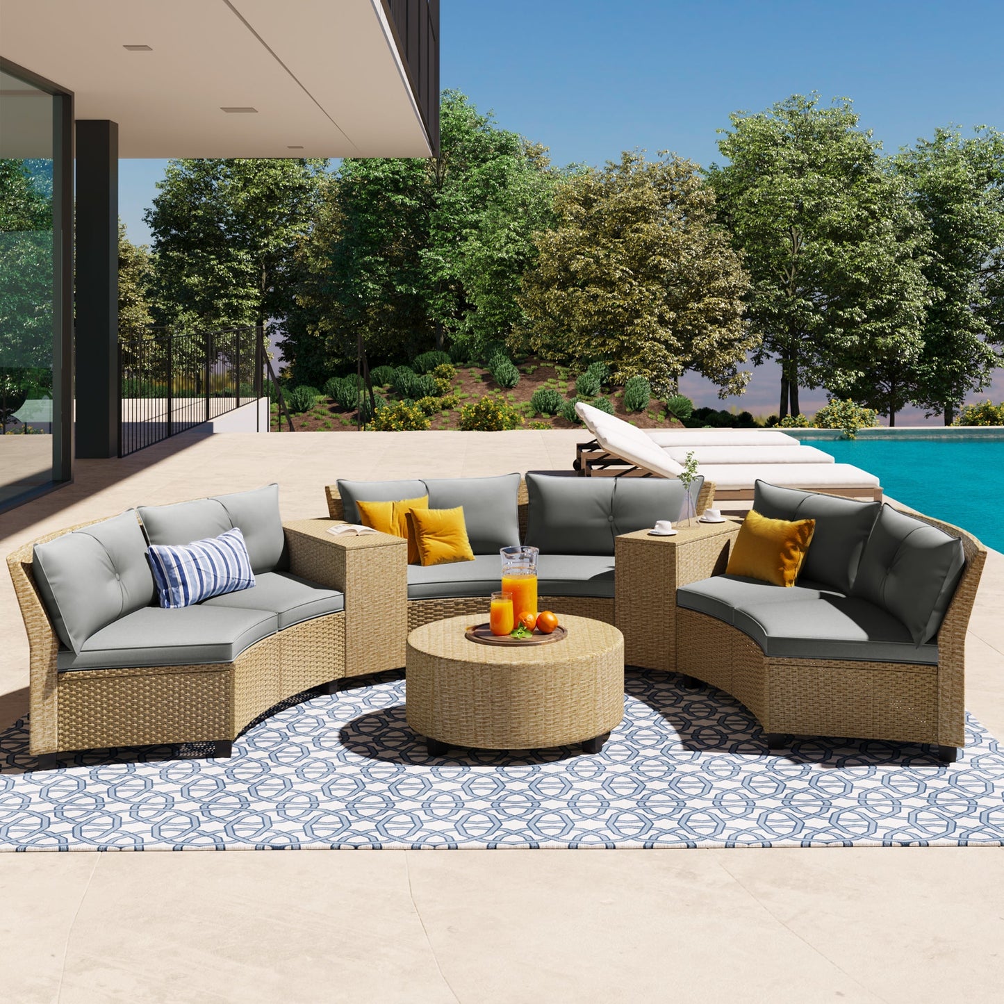 9-Piece Outdoor Fan-shaped Sofa Set with Cushions and Table
