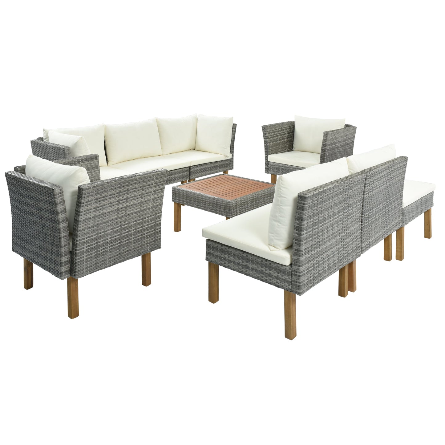 9-Piece Outdoor Patio Garden Wicker Sofa Set with Wood Legs