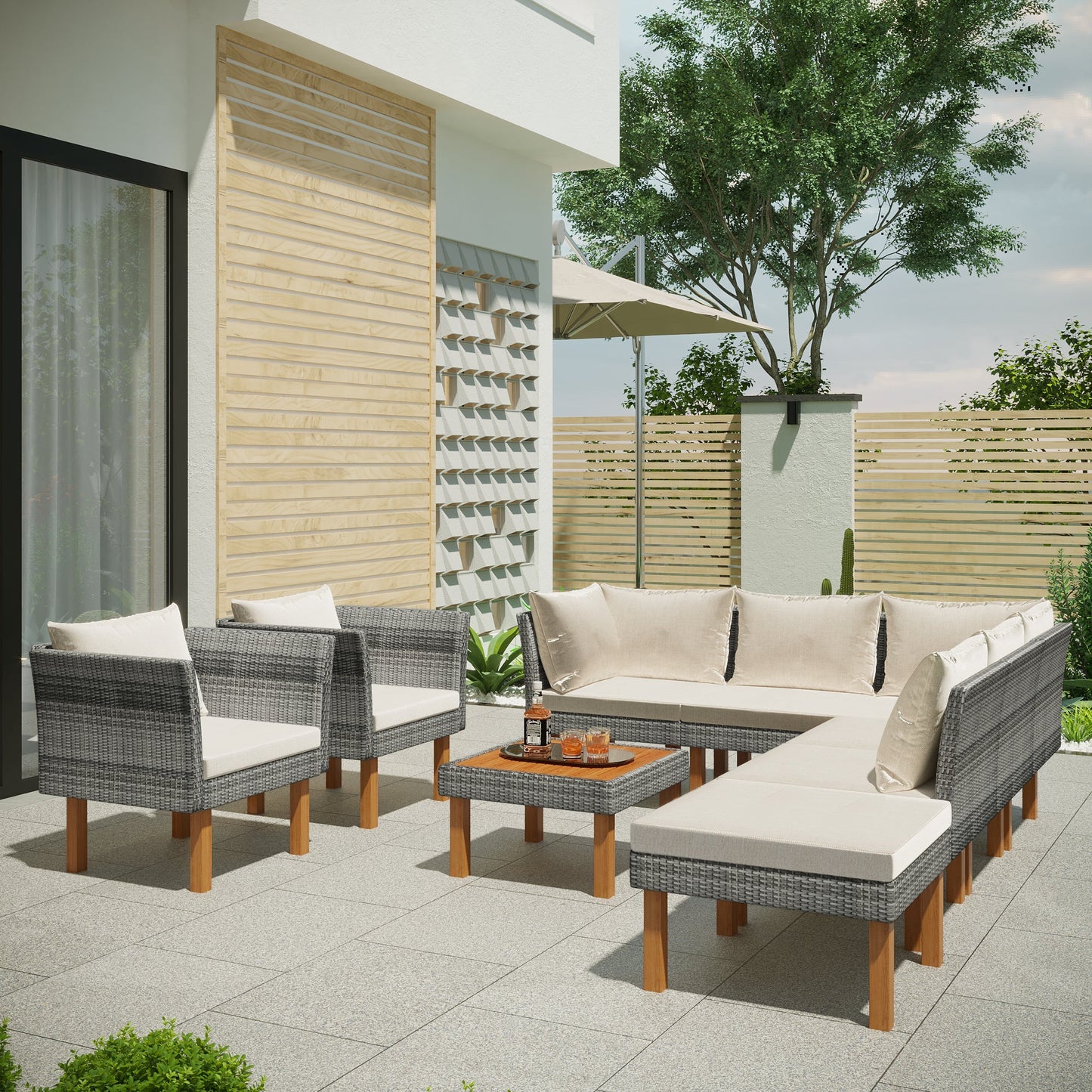 9-Piece Outdoor Patio Garden Wicker Sofa Set with Wood Legs
