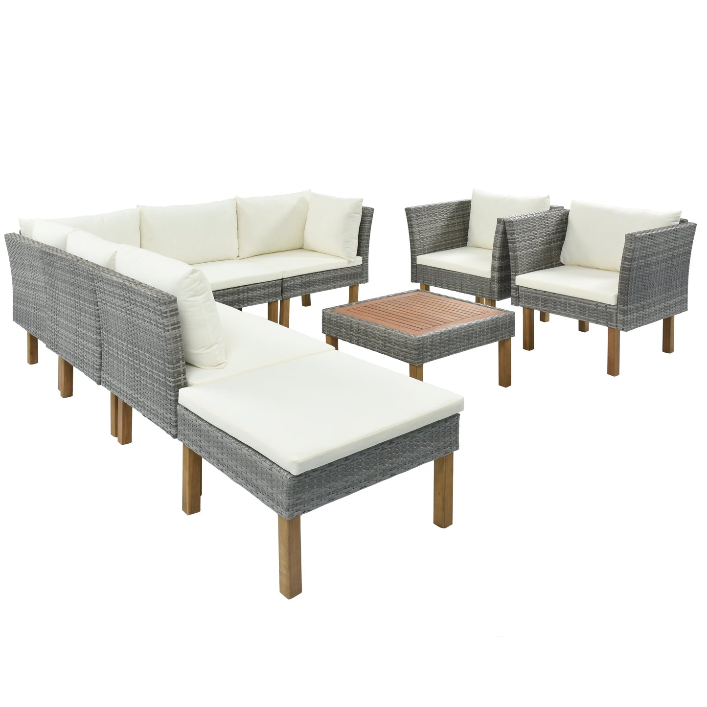 9-Piece Outdoor Patio Garden Wicker Sofa Set with Wood Legs