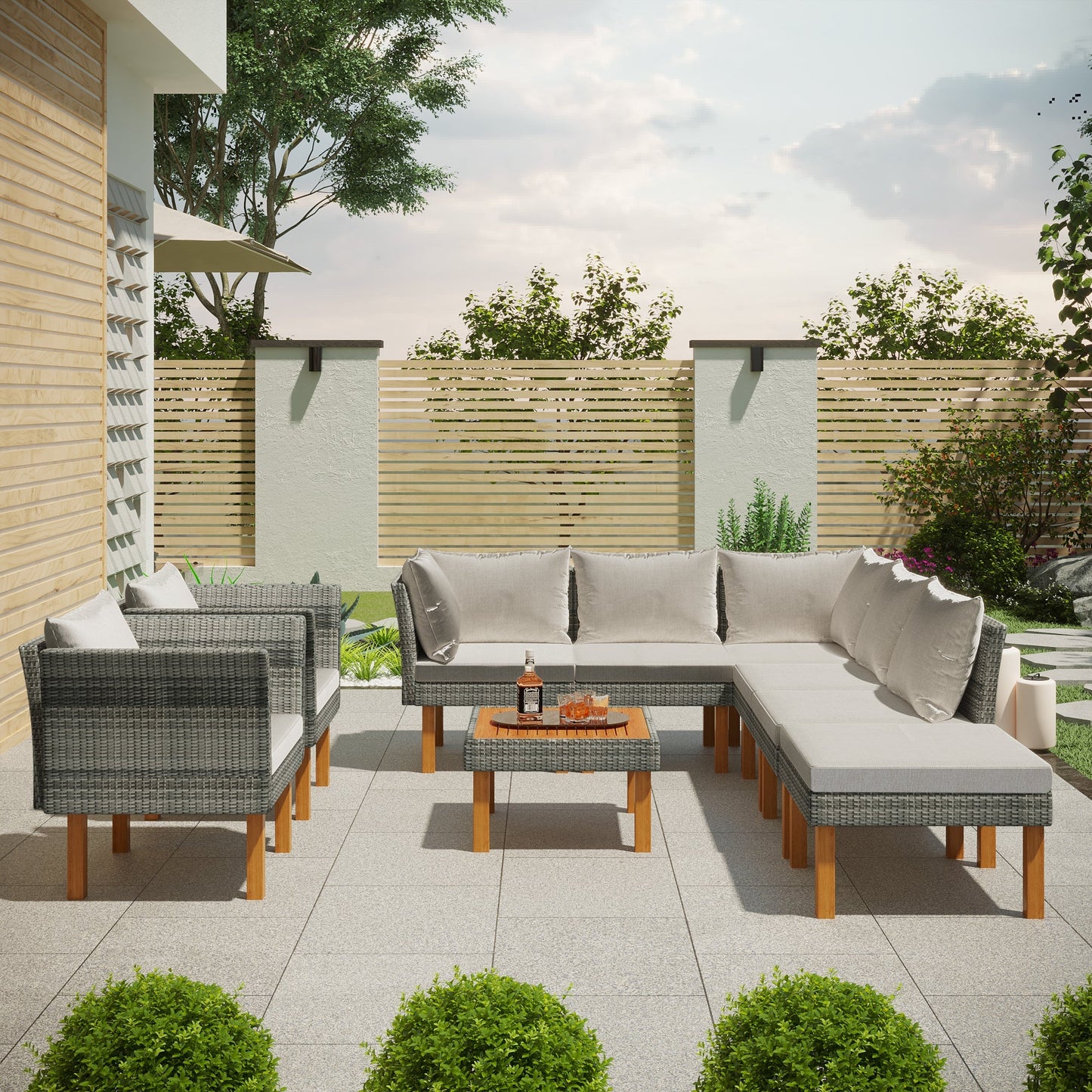 9-Piece Outdoor Patio Garden Wicker Sofa Set with Wood Legs