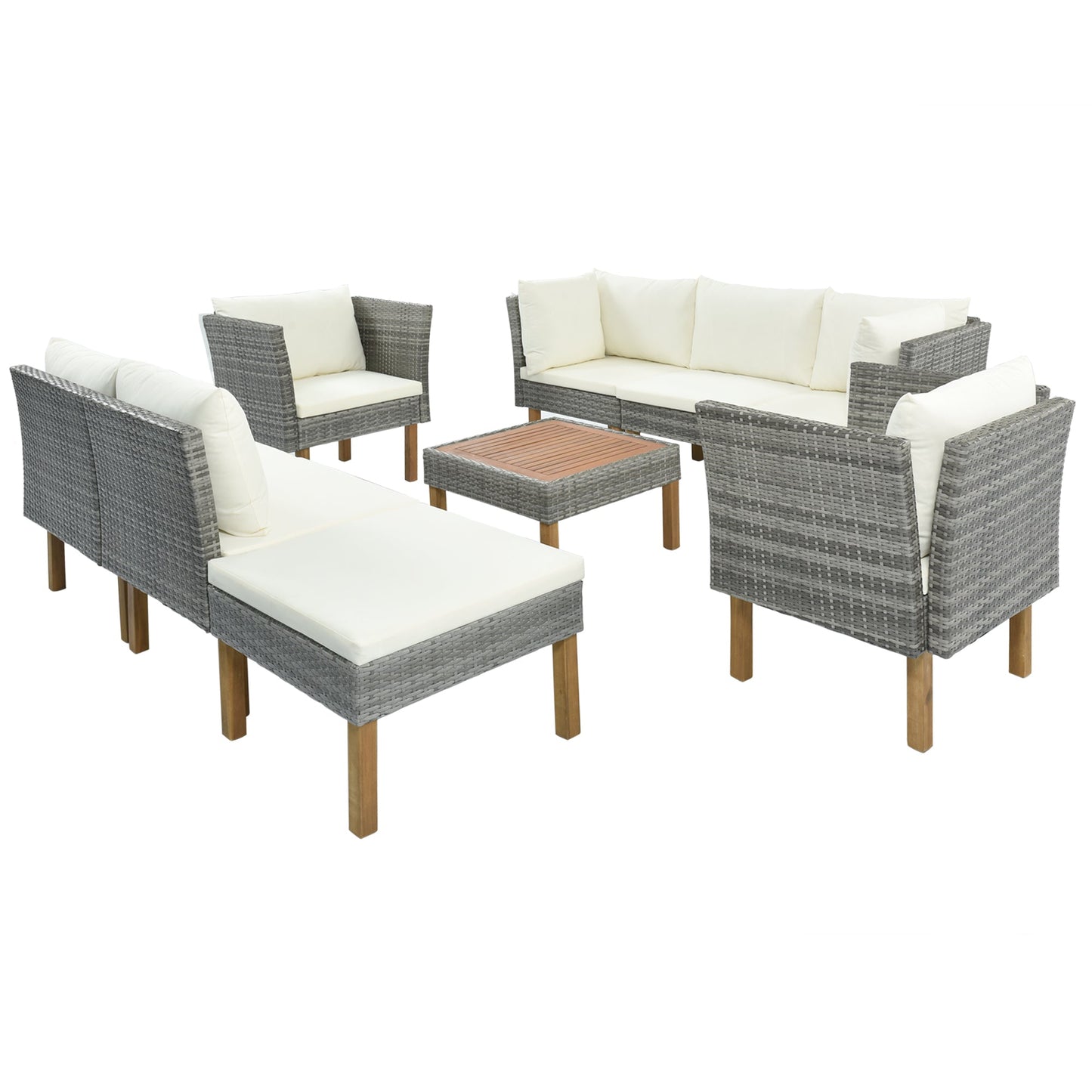 9-Piece Outdoor Patio Garden Wicker Sofa Set with Wood Legs