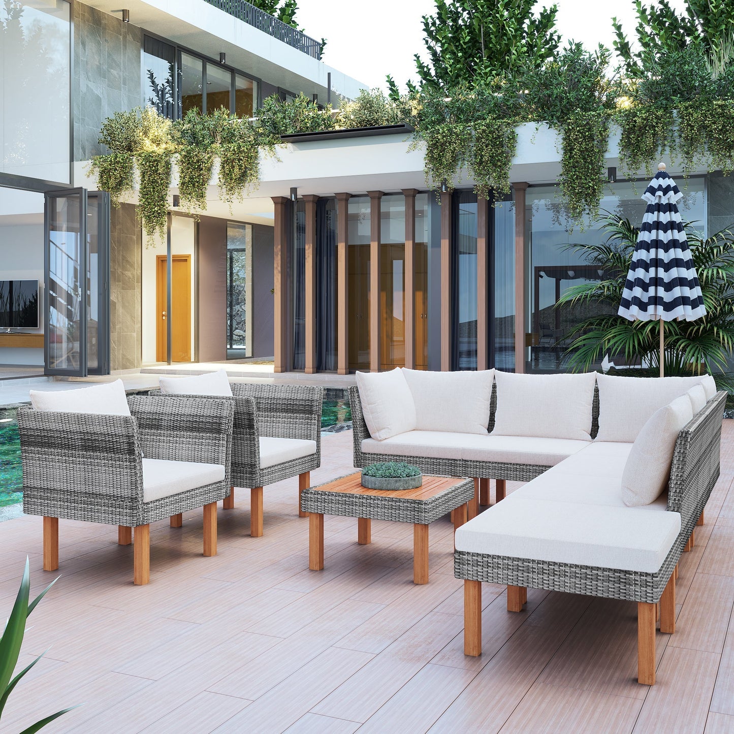 9-Piece Outdoor Patio Garden Wicker Sofa Set with Wood Legs