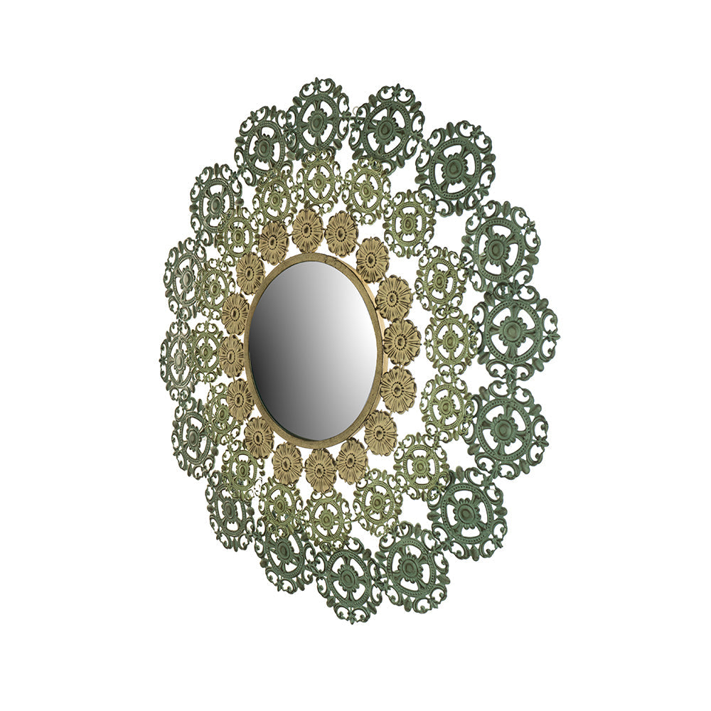 Round Wall Mirror with Floral Accents and Iron Scrollwork
