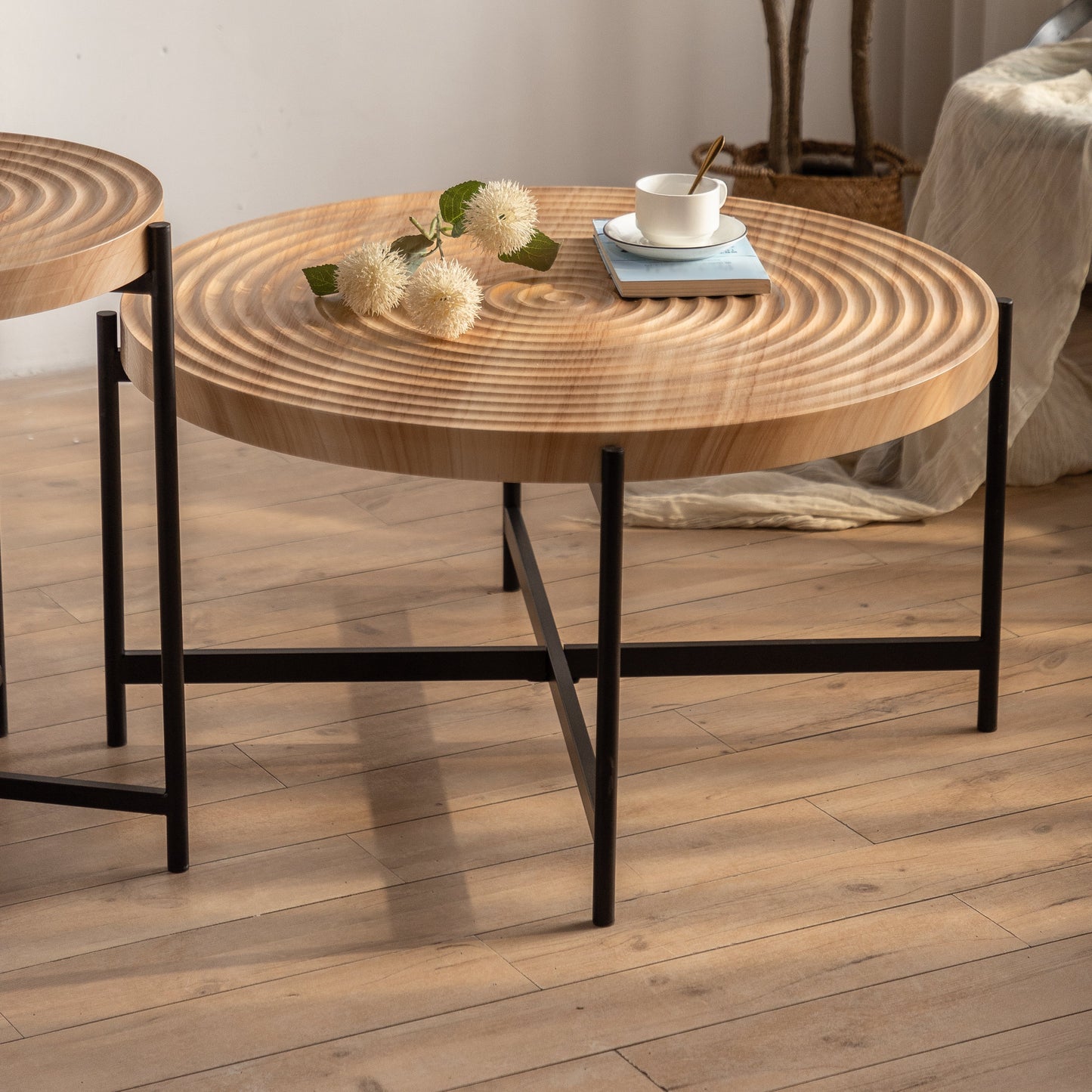 Coffee Table with Round Tabletop and Cross Metal Base, Set of 2