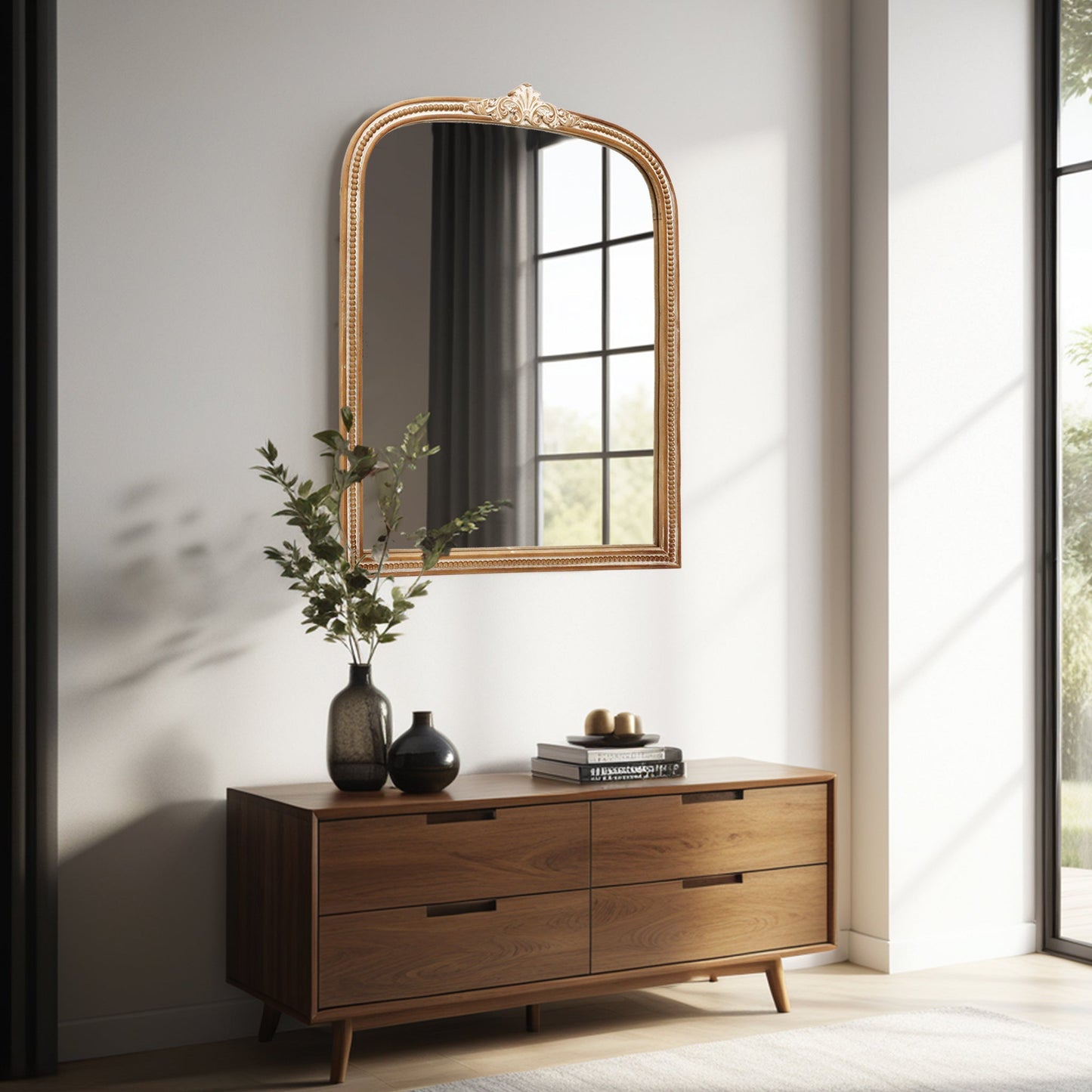 Arched Ornate Wood Frame Mirror with Beads Detail