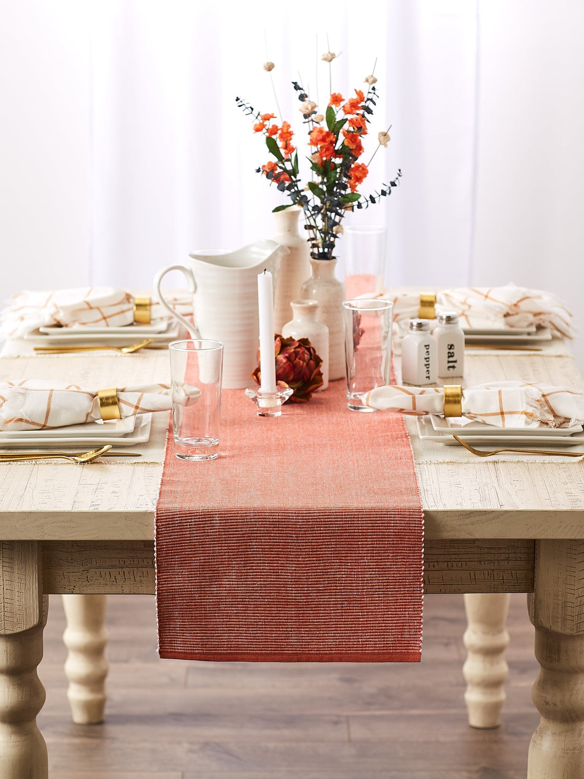 Vintage Red & White 2-Tone Ribbed Table Runner 13X108