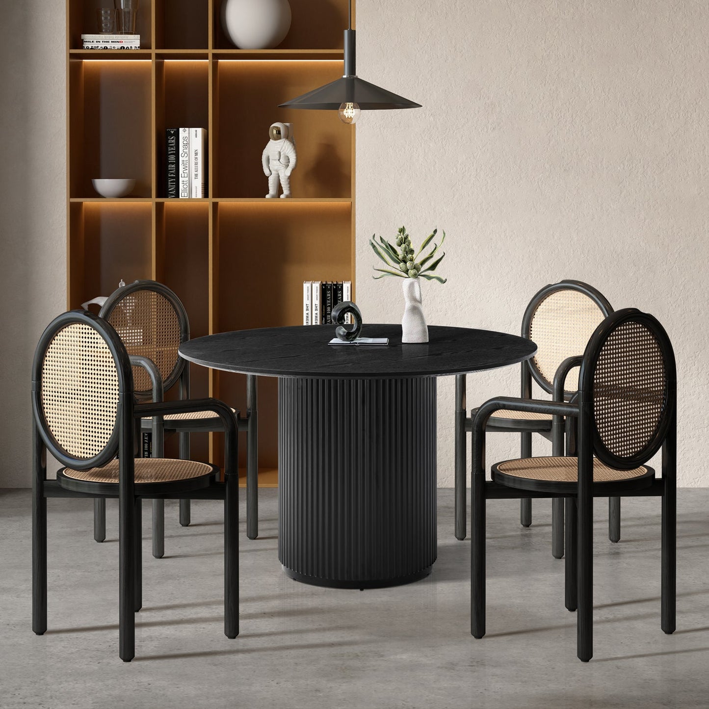 Round Dining Table with T-Shaped Design and Wood Frame