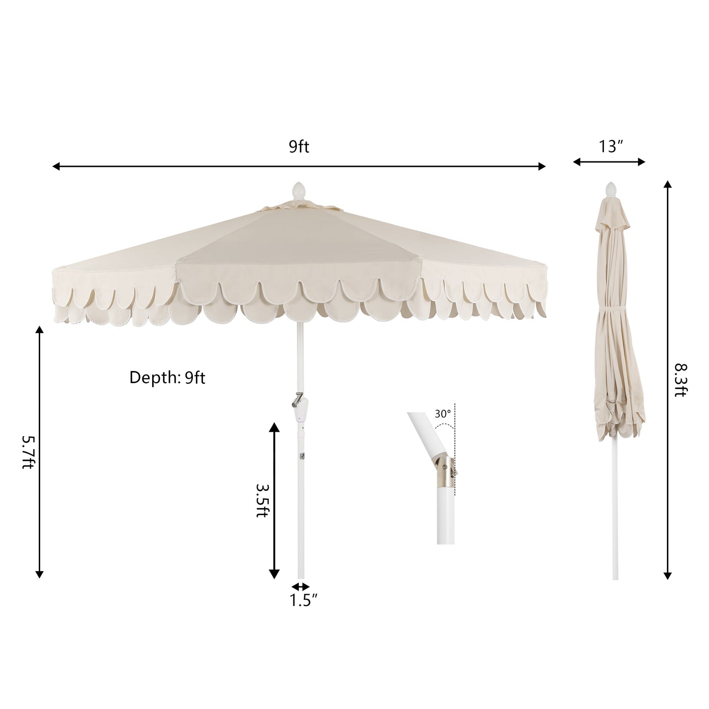 Tracy Classic MidCentury Scalloped Fringe Market Patio Umbrella with Auto-Tilt