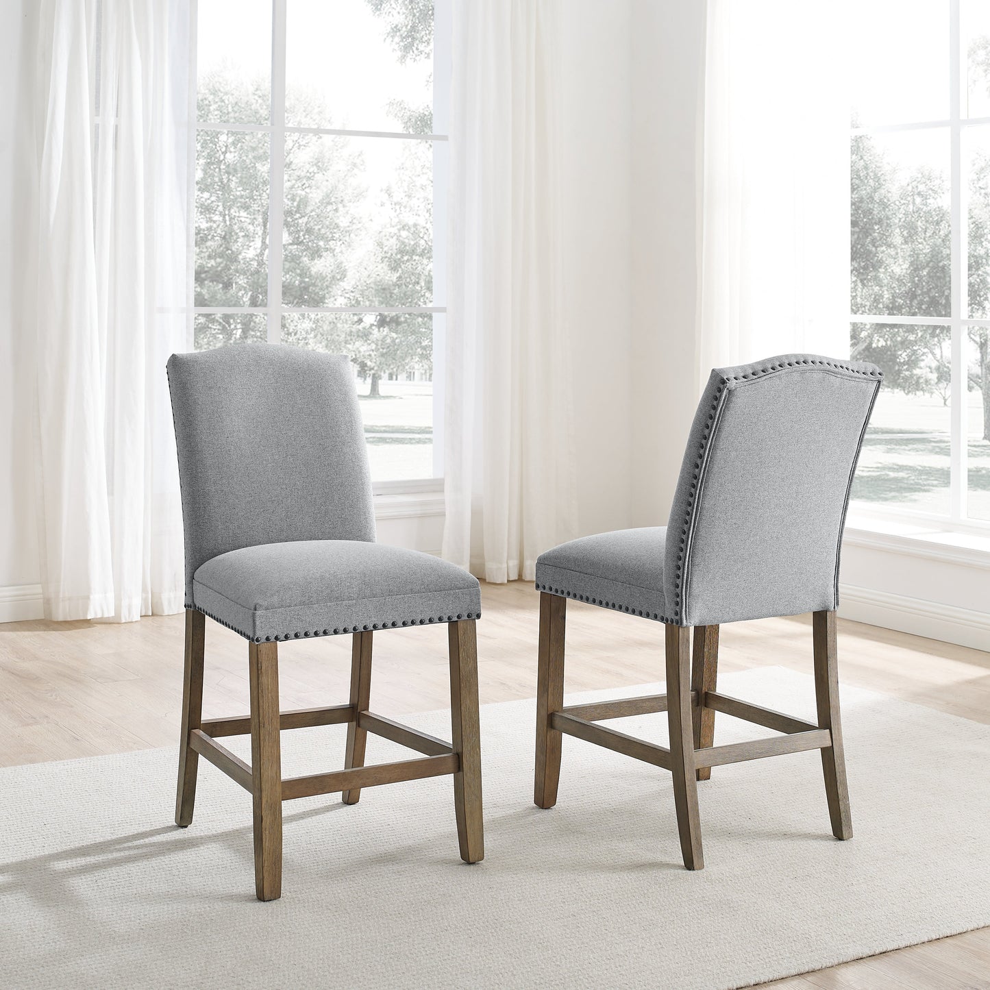 Upholstered Counter Chair with Nailhead Trim and Footrest, Set of 2