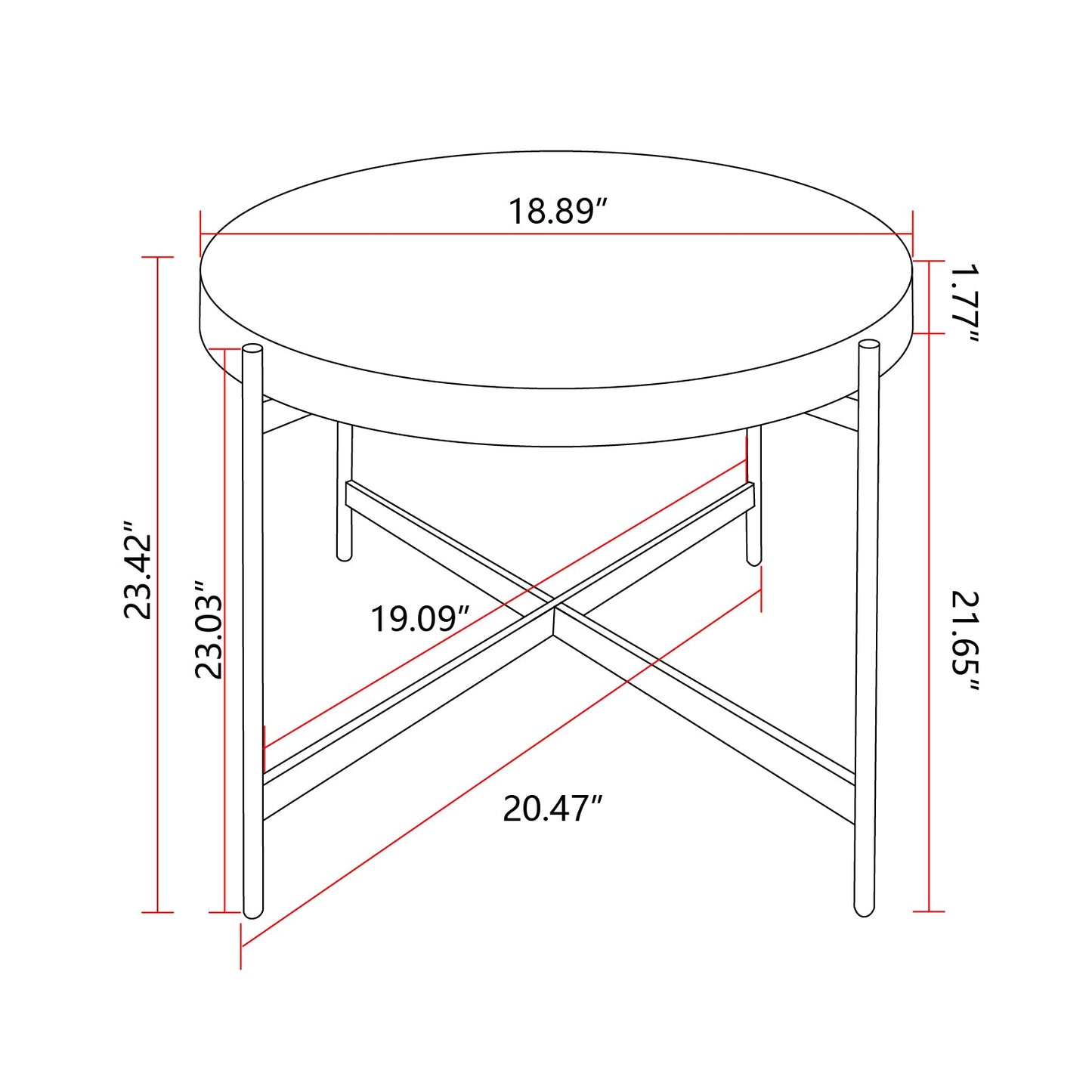 Coffee Table with Round Tabletop and Cross Metal Base, Set of 2
