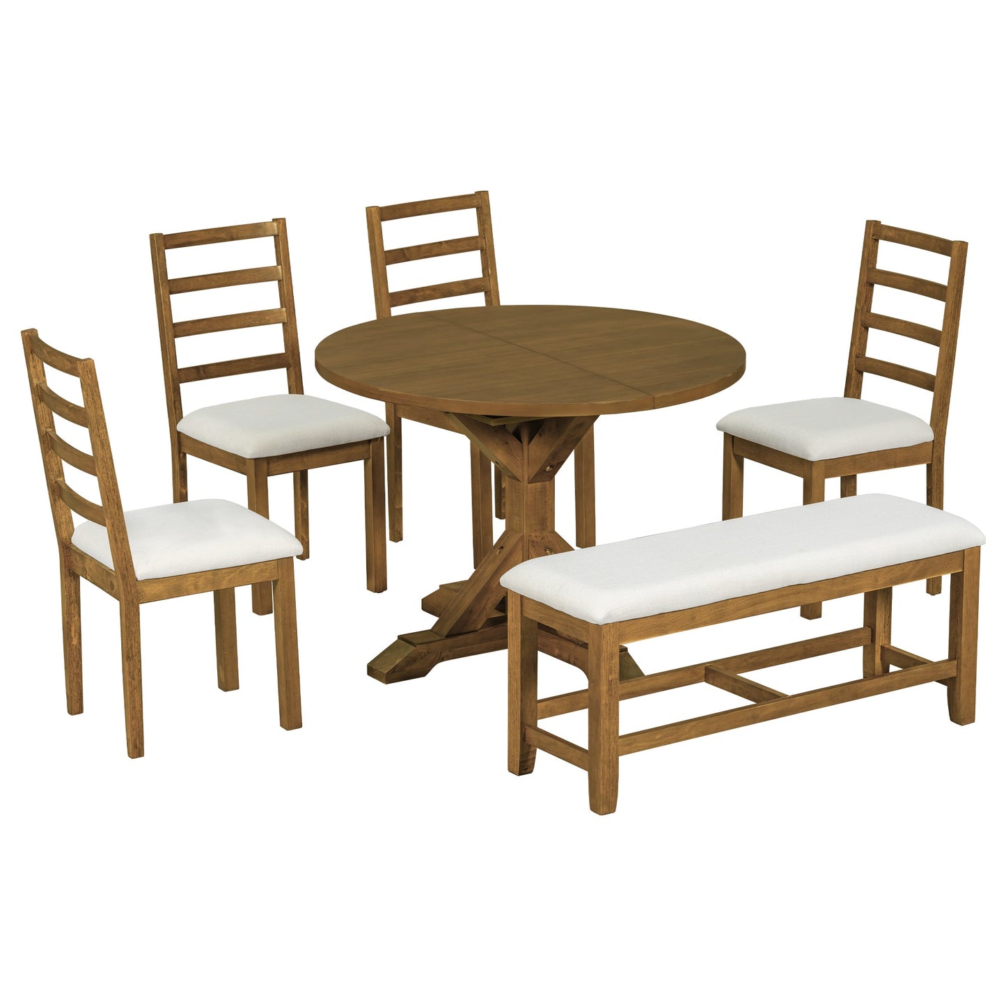 Kivor 6-Piece Dining Set with Extendable Table, Bench and 4 Ladder-Back Chairs