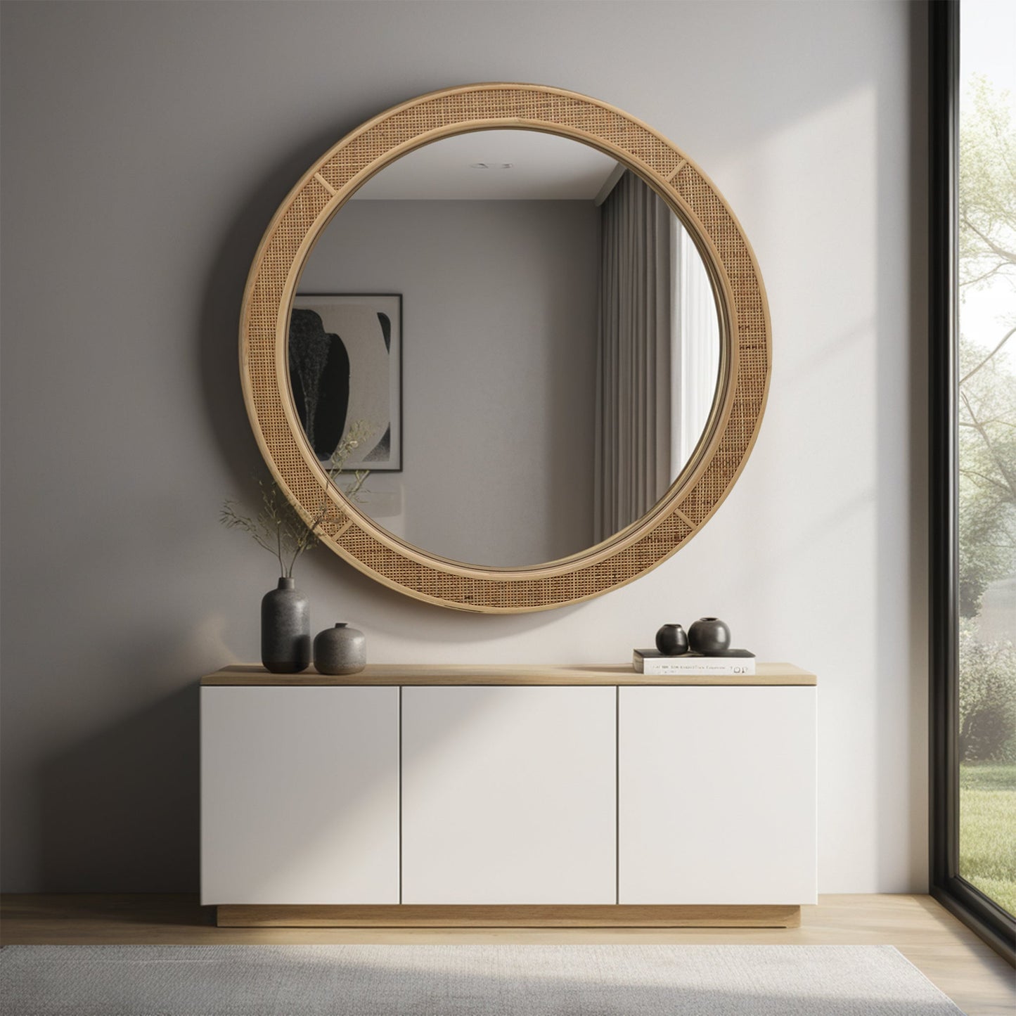 Rustic Farmhouse Style Rattan Wall Mirror