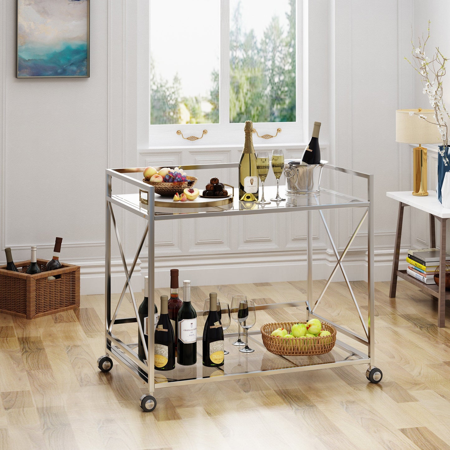 Bar Cart with Glass Shelves and Metal Frame