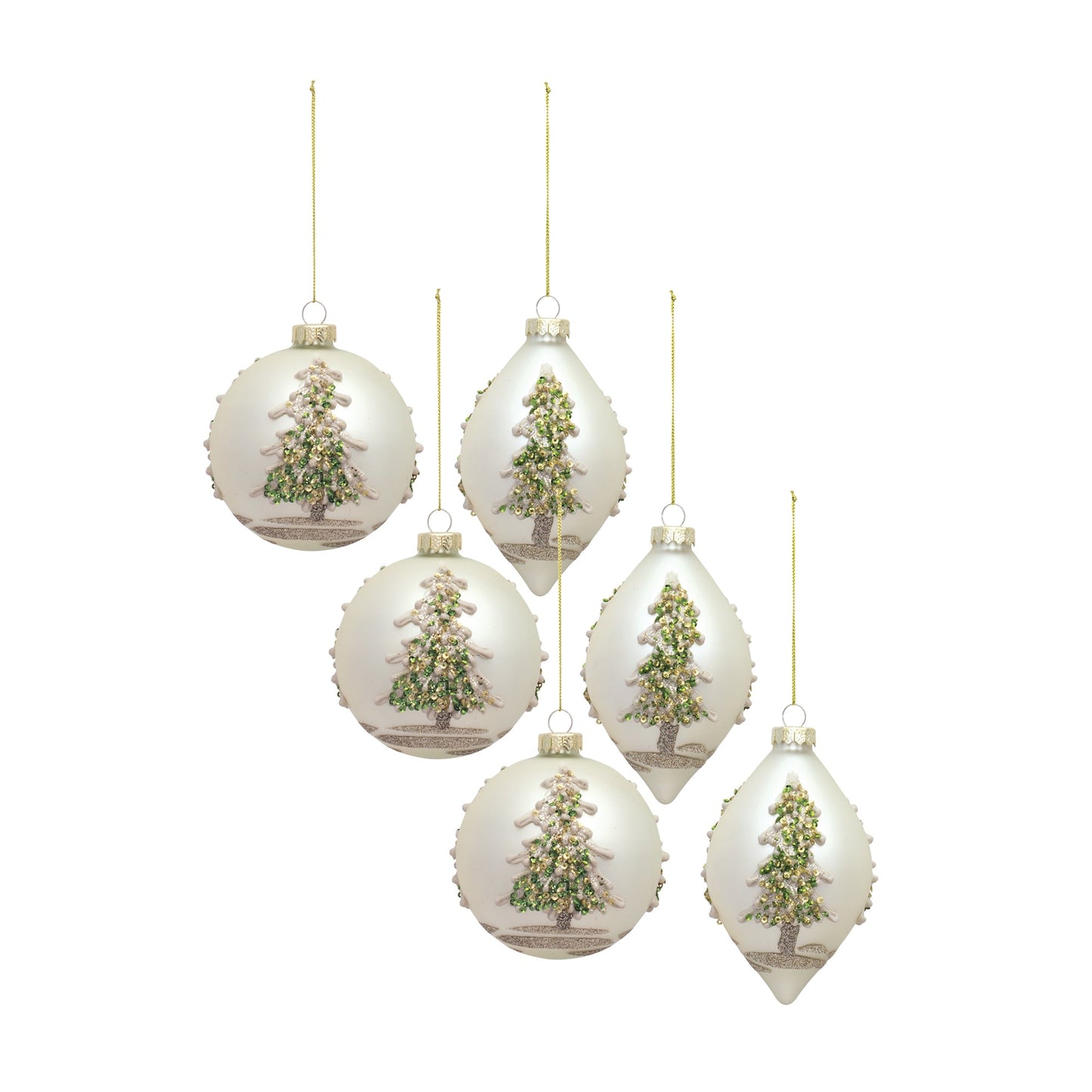 Painted Snowy Pine Tree Ball Ornament, Set of 6