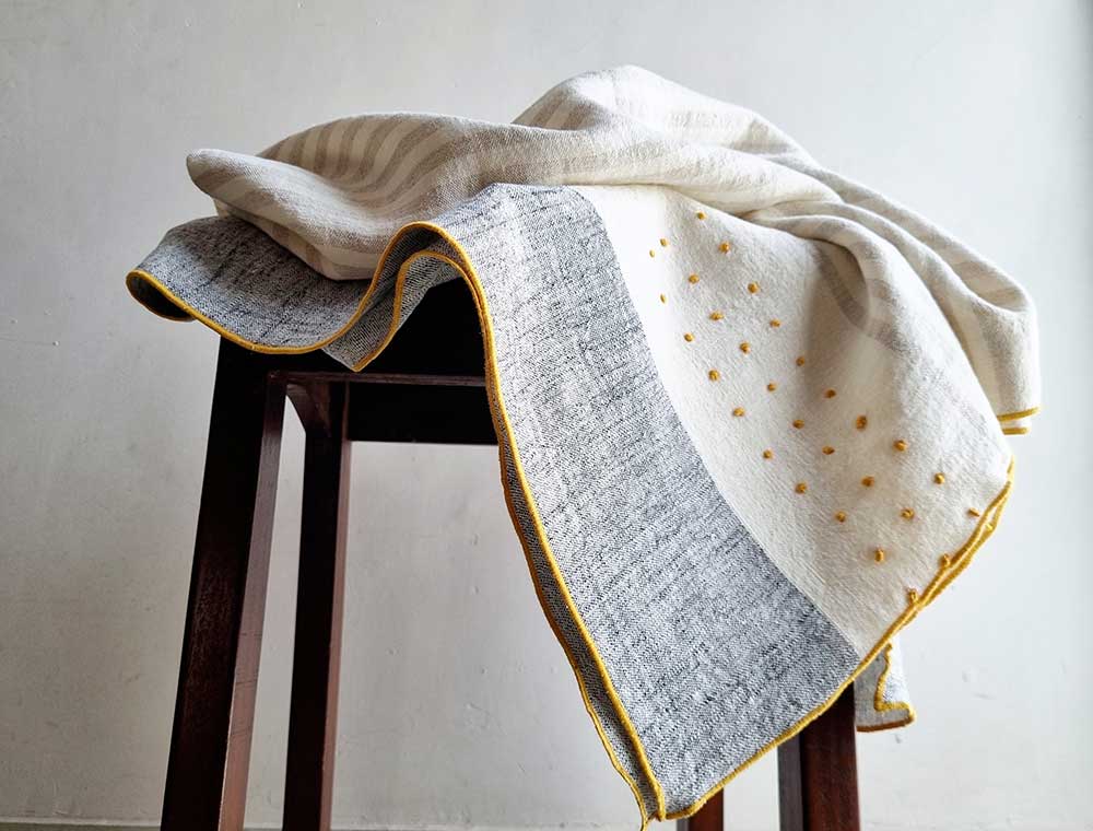 100% Linen Grey & Ivory Stripe Throw Blanket