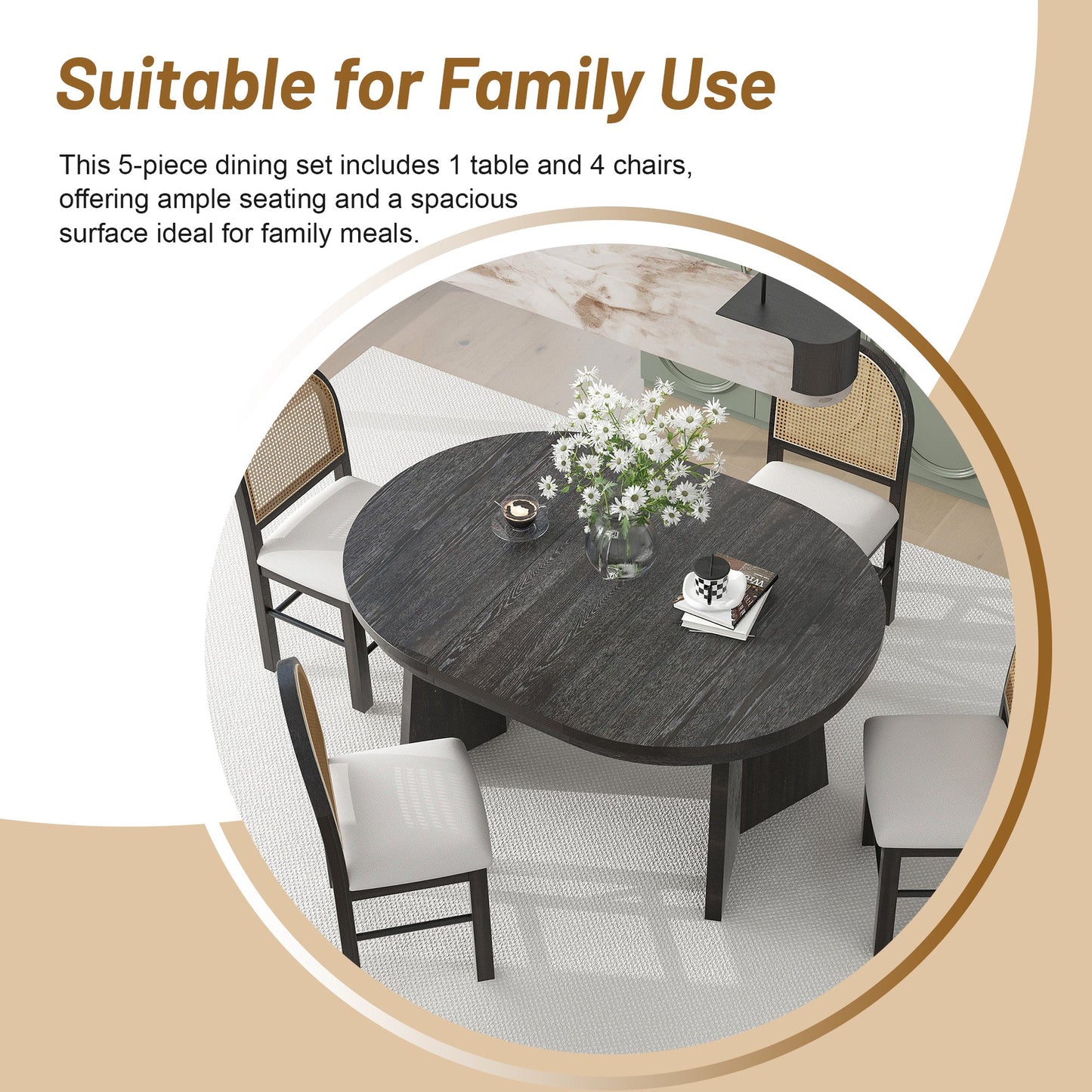 Monza 5-Piece Dining Set with Extendable Oval Table and 4 Upholstered Chairs