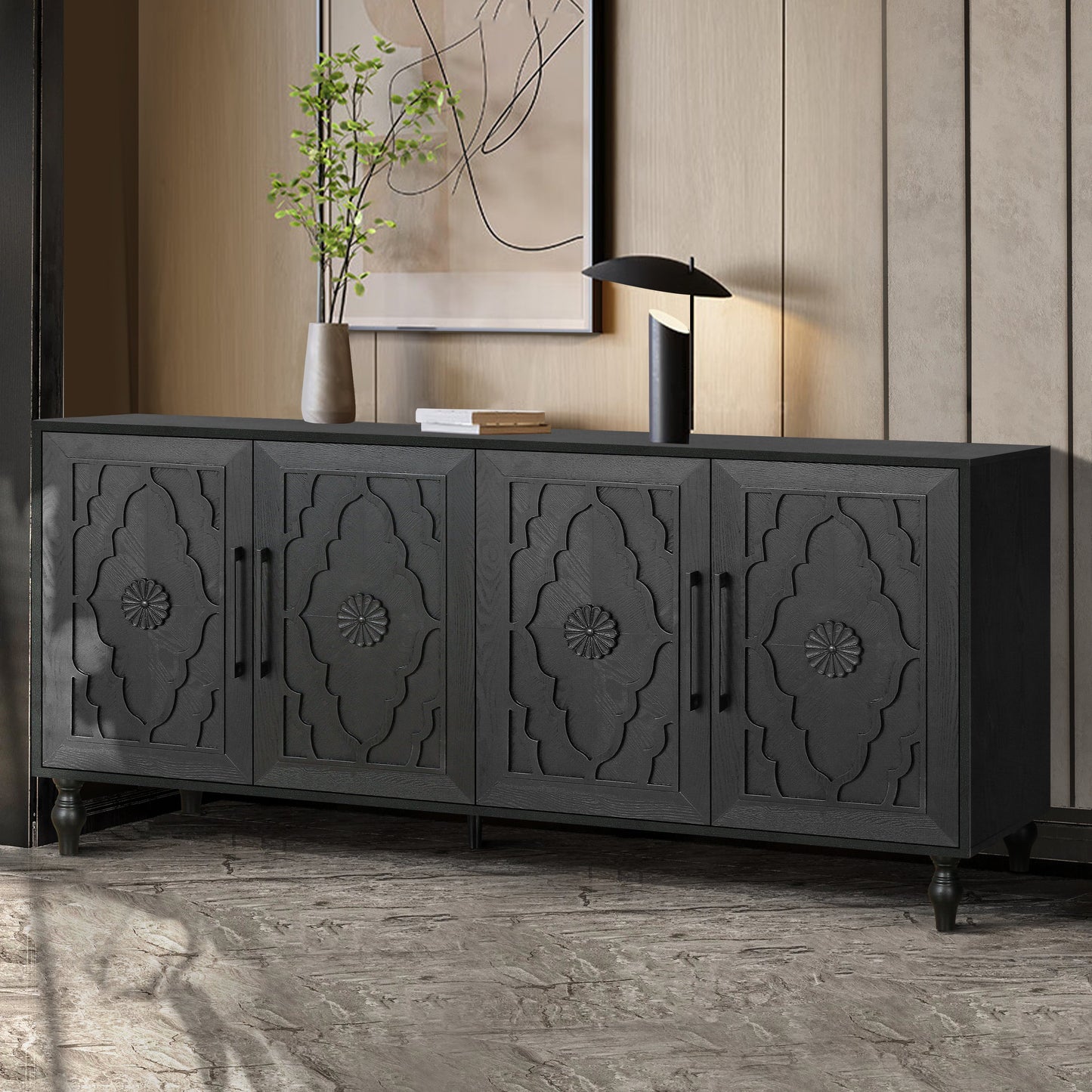 Bespokee Carved Flower Door Large Storage Cabinet With Metal Handle