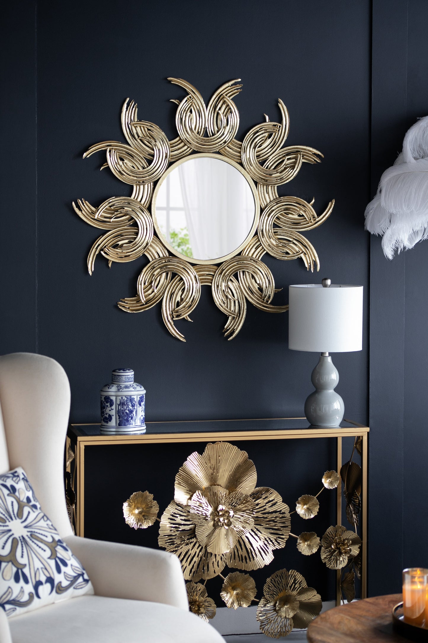 Wall Mirror with Sunburst Design and Metal Frame