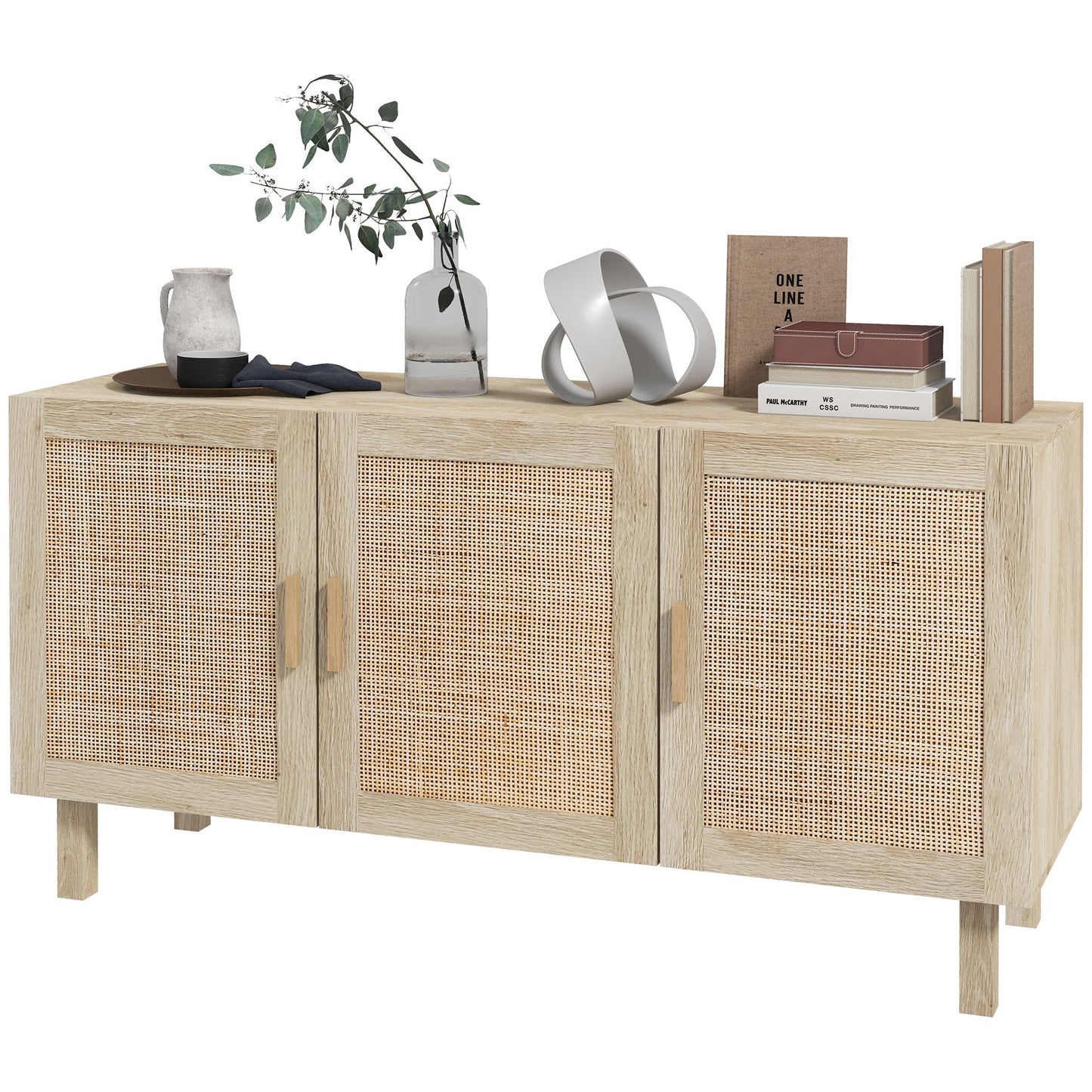 Particle Board Cabinet with 3 Rattan Doors and Adjustable Shelves