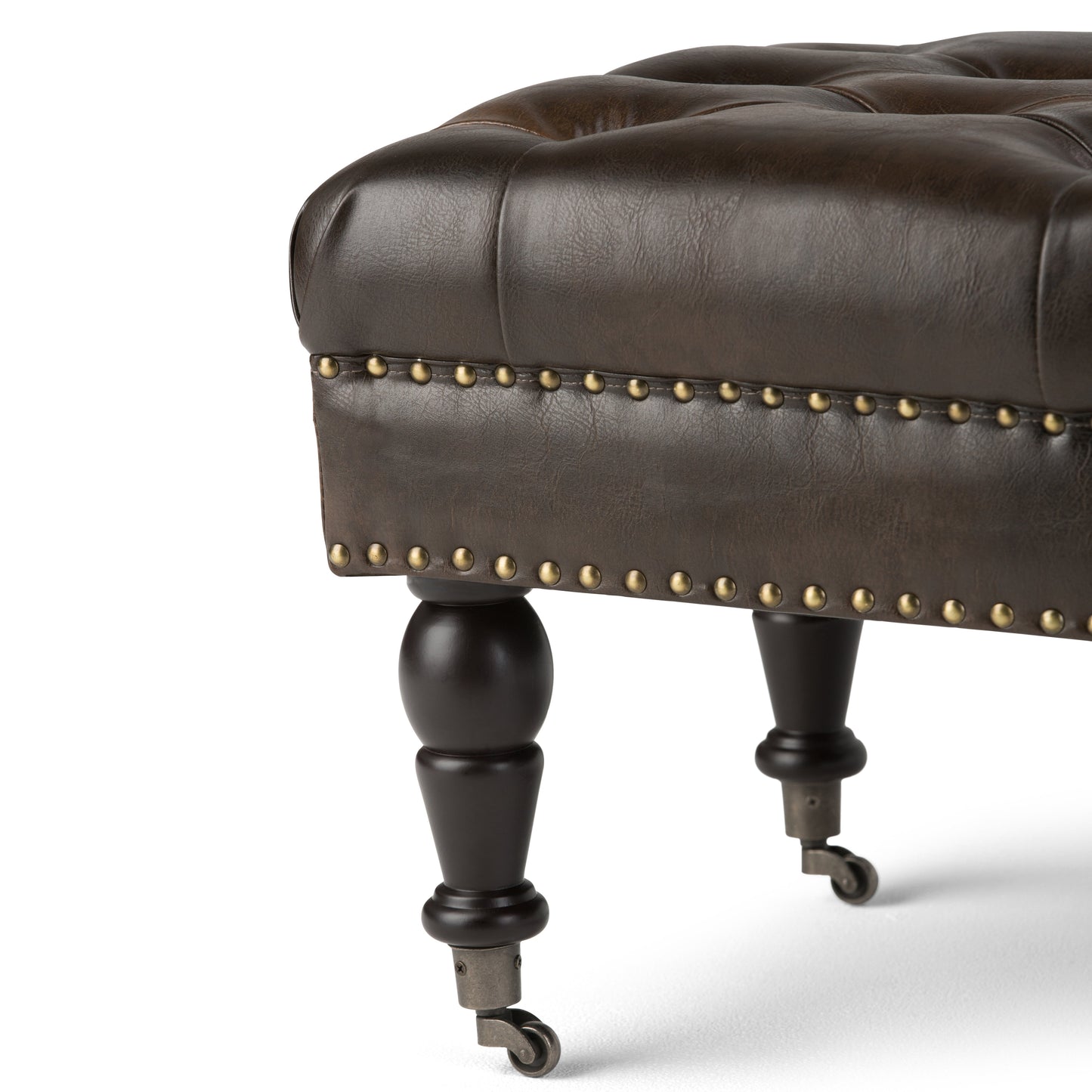 Fortune Upholstered Ottoman Bench with Tufted Top, Nailhead Trim and Carved Legs