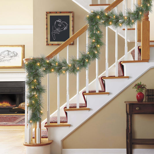 9 ft x 10 in Pre-lit Glitter-accented Garland with Warm White Led Lights & On/Off Timer Function