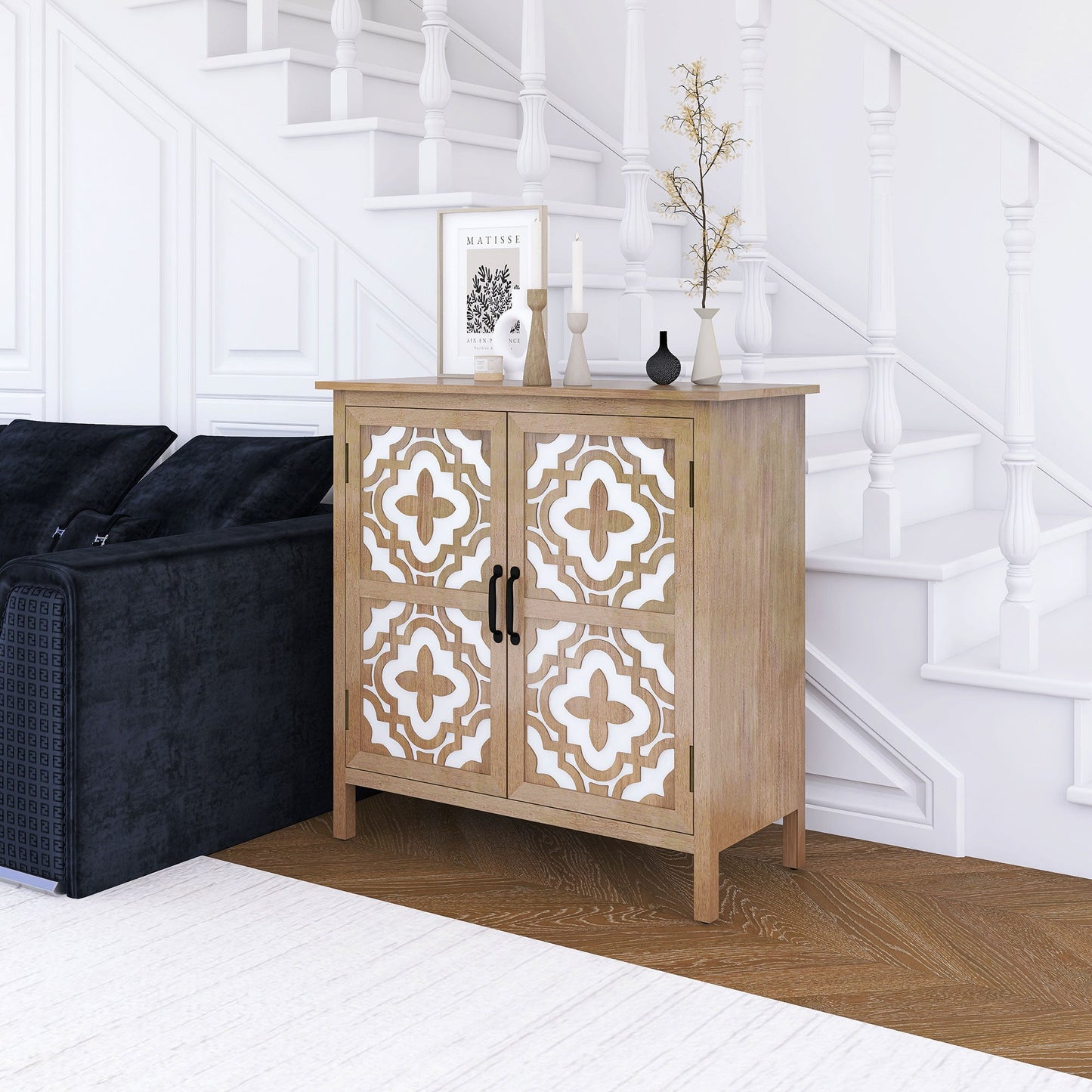 Hand-Carved 2 Doors Accent Cabinet with Shelves and Metal Handle