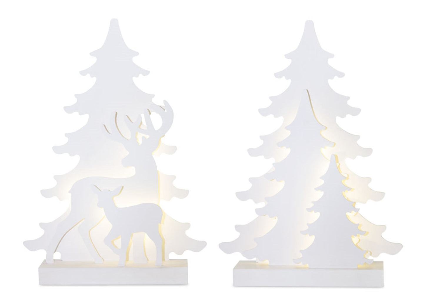 LED Lighted Tabletop Pine Tree Display with Deer Accent, Set of 2