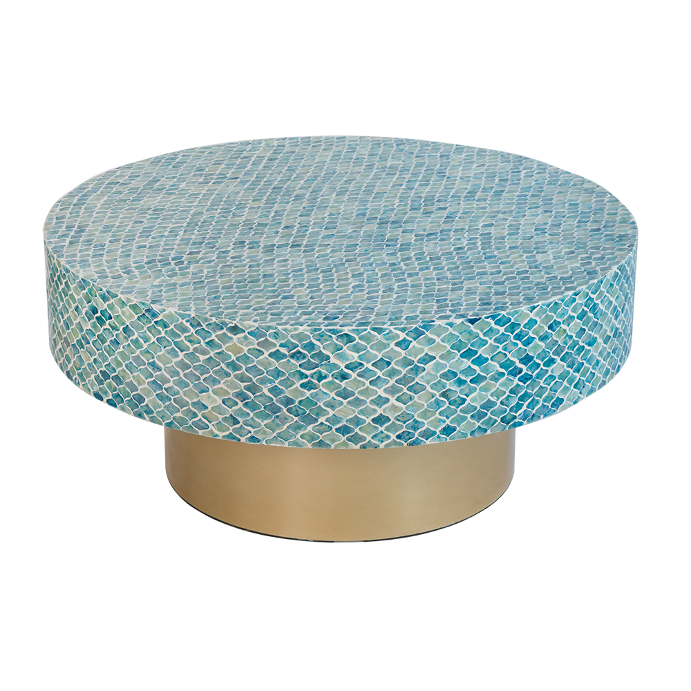 Alacrits Round Coffee Table with Capiz Design and Pedestal Base