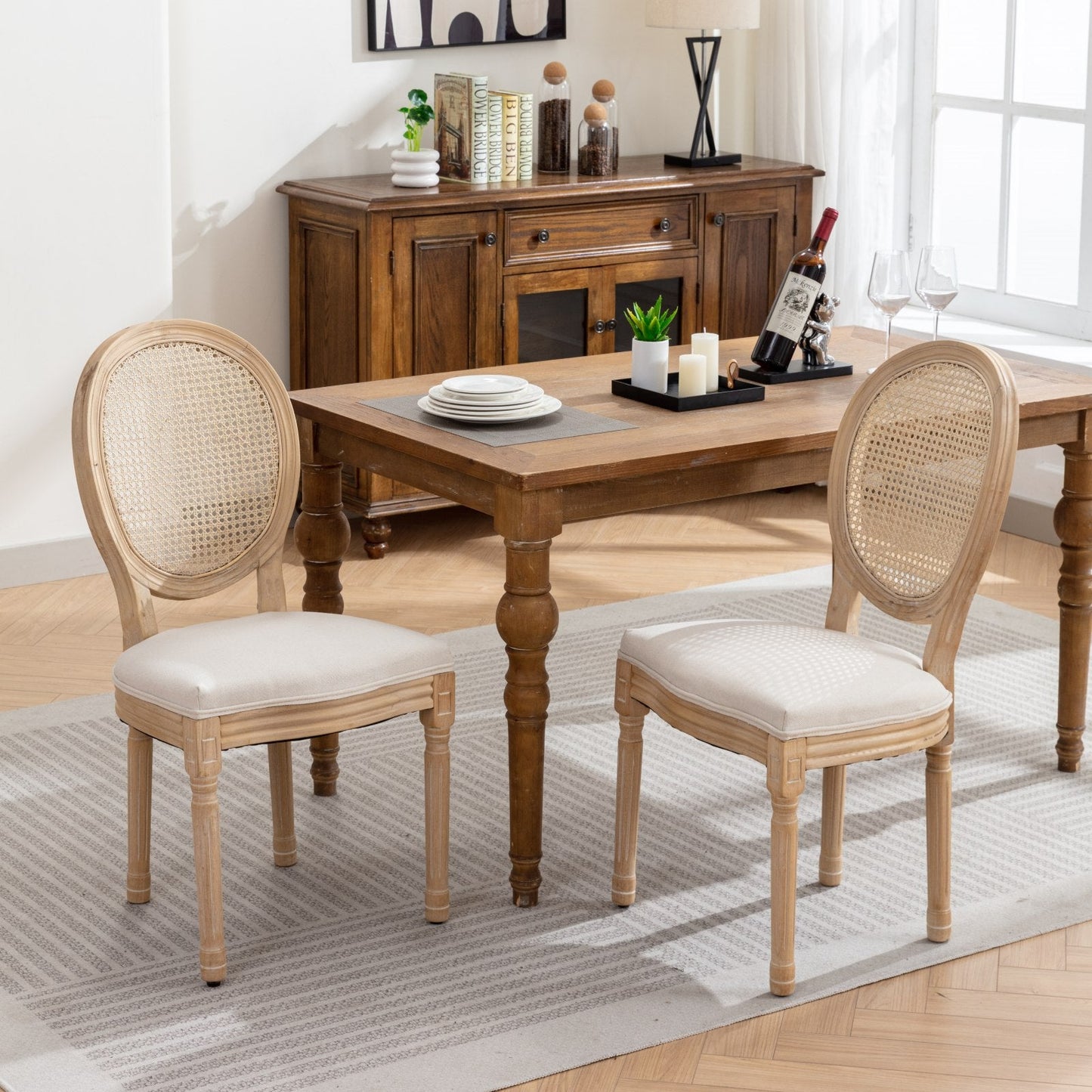Dining Chair with Rattan Back and Seat Cushion, Set of 2